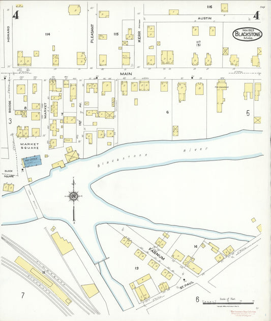 Sanborn Fire Insurance Map from Blackstone, Worcester County, Massachusetts (1923), Sheet #0004 - Historic Sanborn Fire Insurance Map Print, vintage old map wall art, antique decor, genealogy gift, Massachusetts Massachusetts map