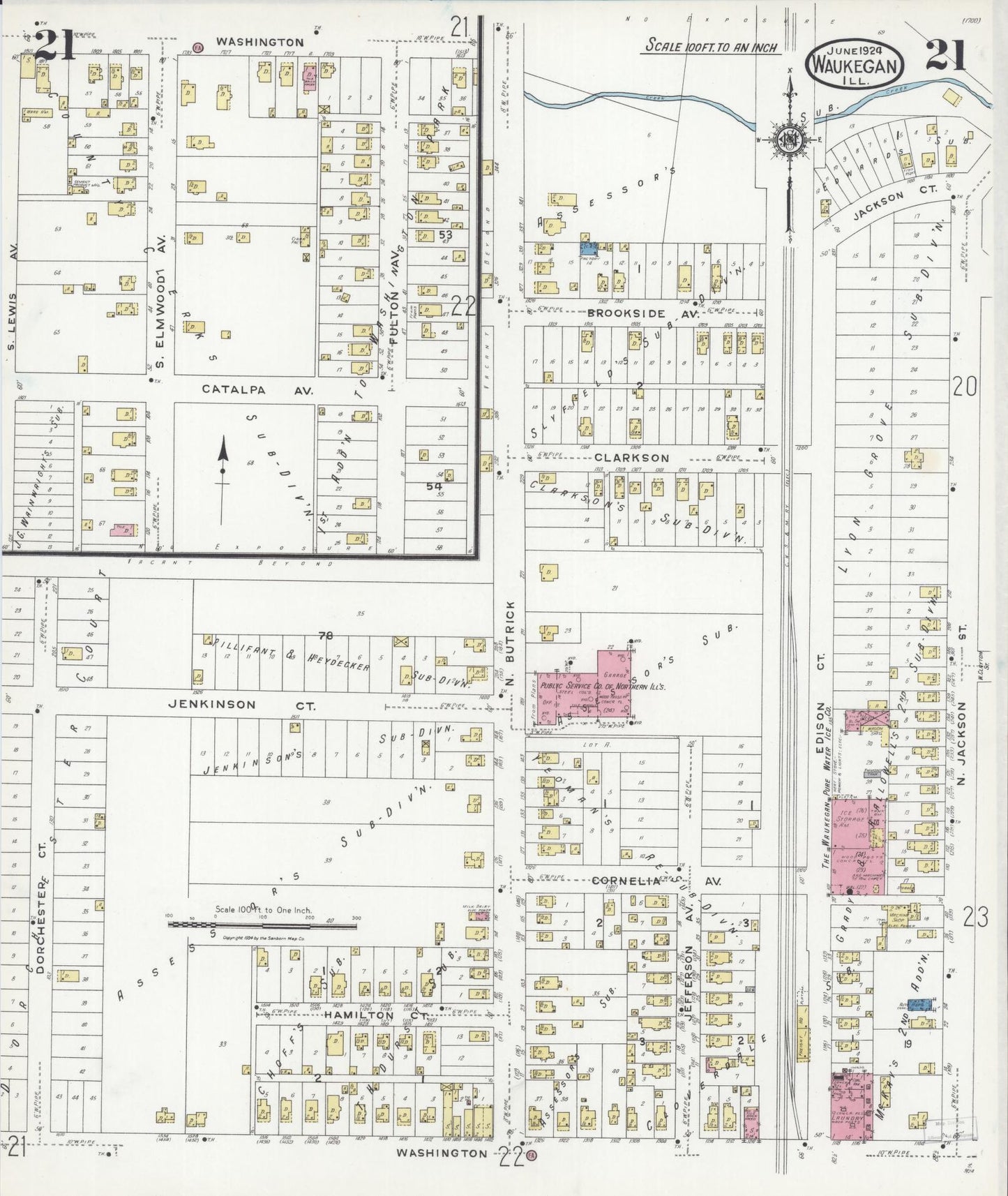 Sanborn Fire Insurance Map from Waukegan, Lake County, Illinois (1924), Sheet #0021 - Complete Map Set gallery image, historic Sanborn map, vintage wall art, Illinois Illinois