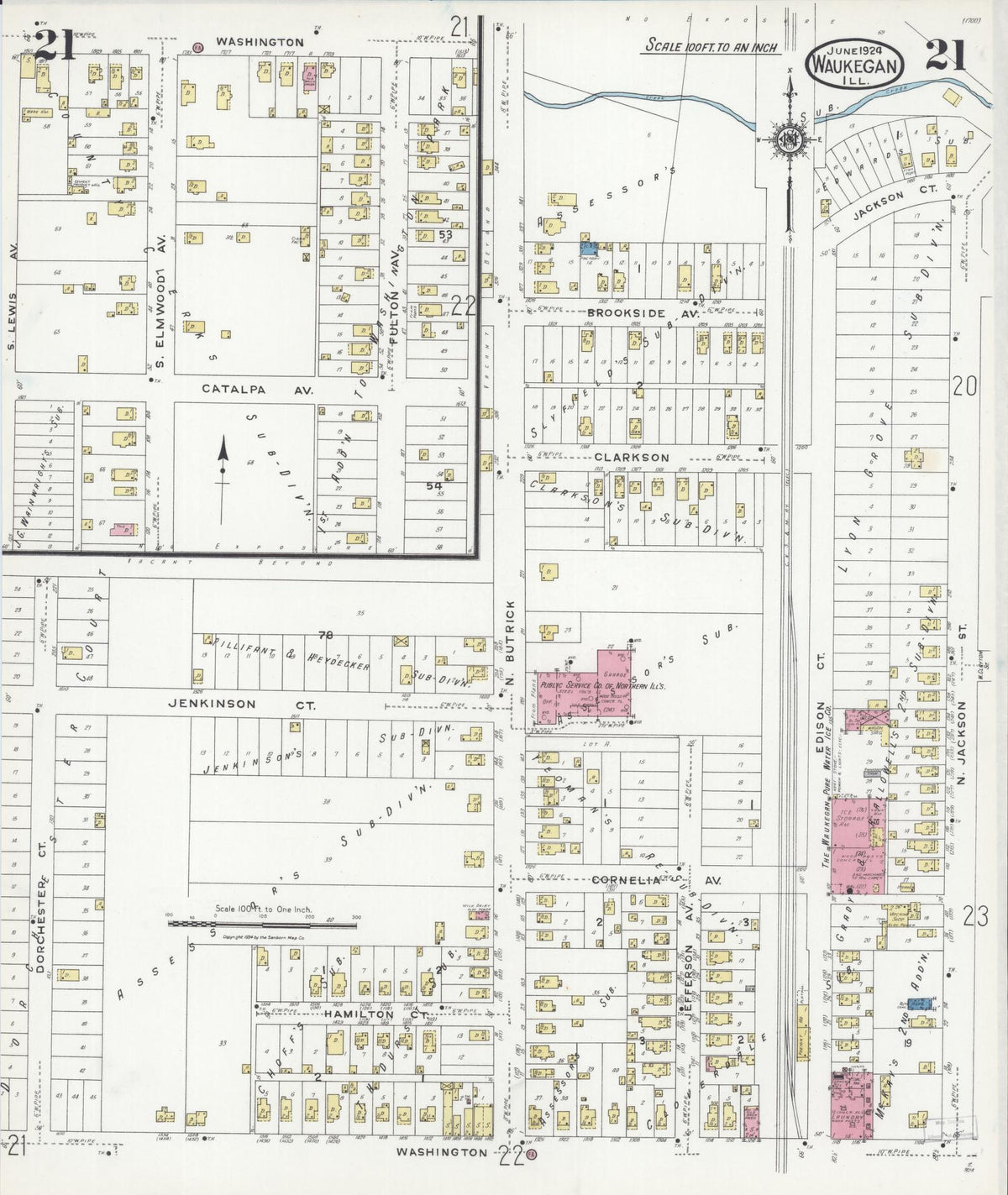 Sanborn Fire Insurance Map from Waukegan, Lake County, Illinois (1924), Sheet #0021 - Complete Map Set gallery image, historic Sanborn map, vintage wall art, Illinois Illinois