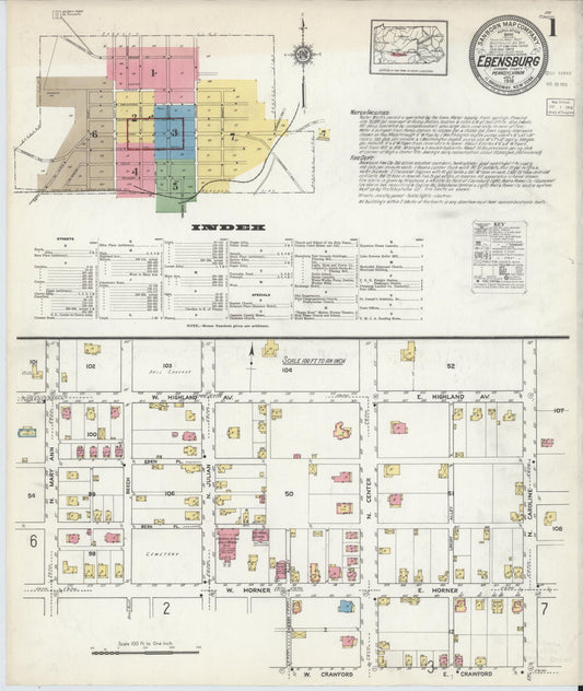 Sanborn Fire Insurance Map from Ebensburg, Cambria County, Pennsylvania (1916), Sheet #0001 - Historic Sanborn Fire Insurance Map Print, vintage old map wall art, antique decor, genealogy gift, Pennsylvania Pennsylvania map