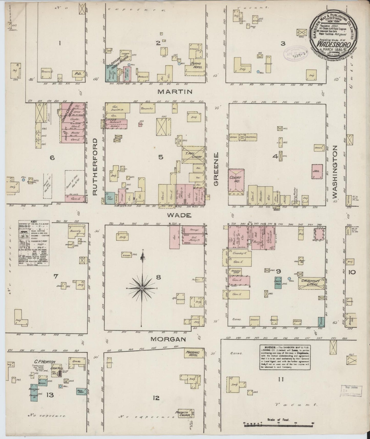 Sanborn Fire Insurance Map from Wadesboro, Anson County, North Carolina (1885), Sheet #0001 - Historic Sanborn Fire Insurance Map Print, vintage old map wall art, antique decor, genealogy gift, North Carolina North Carolina map