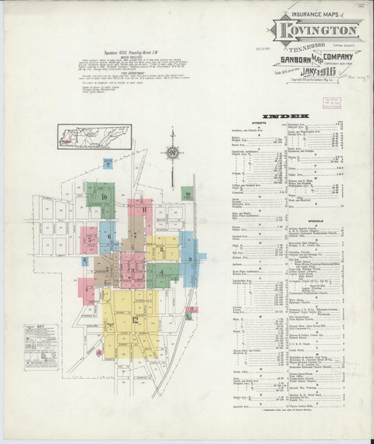 Sanborn Fire Insurance Map from Covington, Tipton County, Tennessee (1916), Sheet #0001 - Historic Sanborn Fire Insurance Map Print, vintage old map wall art, antique decor, genealogy gift, Tennessee Tennessee map