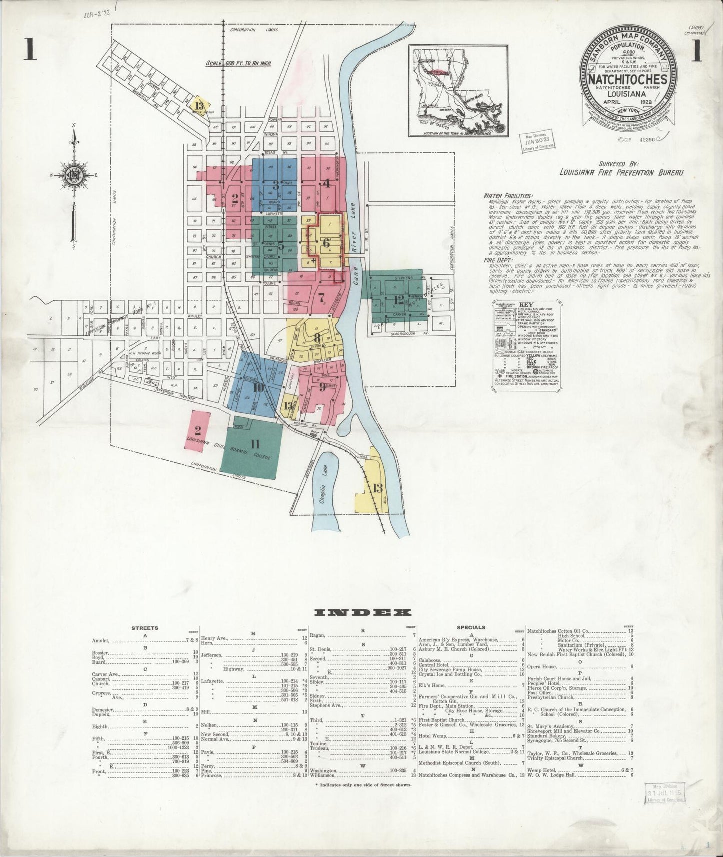 Sanborn Fire Insurance Map from Natchitoches, Natchitoches Parish, Louisiana. (1923) – Historic Sanborn Fire Insurance Map Print