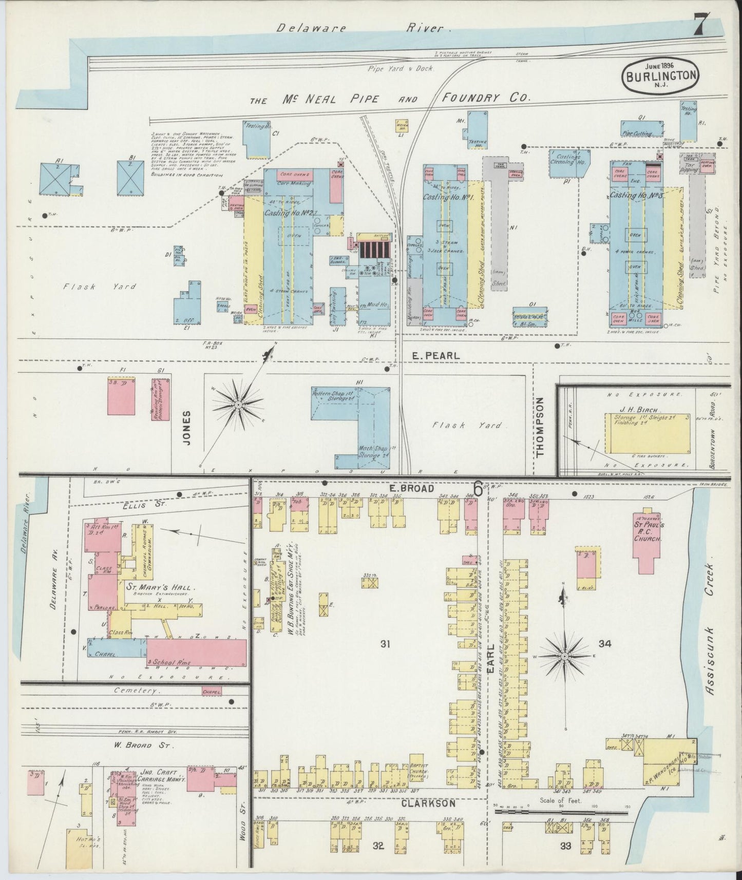 Sanborn Fire Insurance Map from Burlington, Burlington County, New Jersey (1896), Sheet #0007 - Complete Map Set gallery image, historic Sanborn map, vintage wall art, New Jersey New Jersey