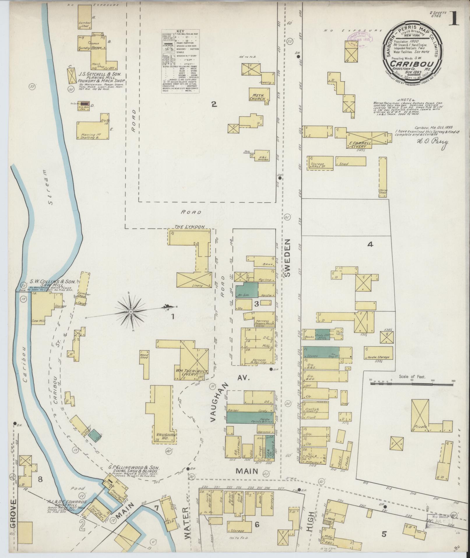 Sanborn Fire Insurance Map from Caribou, Aroostook County, Maine (1893), Sheet #0001 - Historic Sanborn Fire Insurance Map Print, vintage old map wall art, antique decor, genealogy gift, Maine Maine map