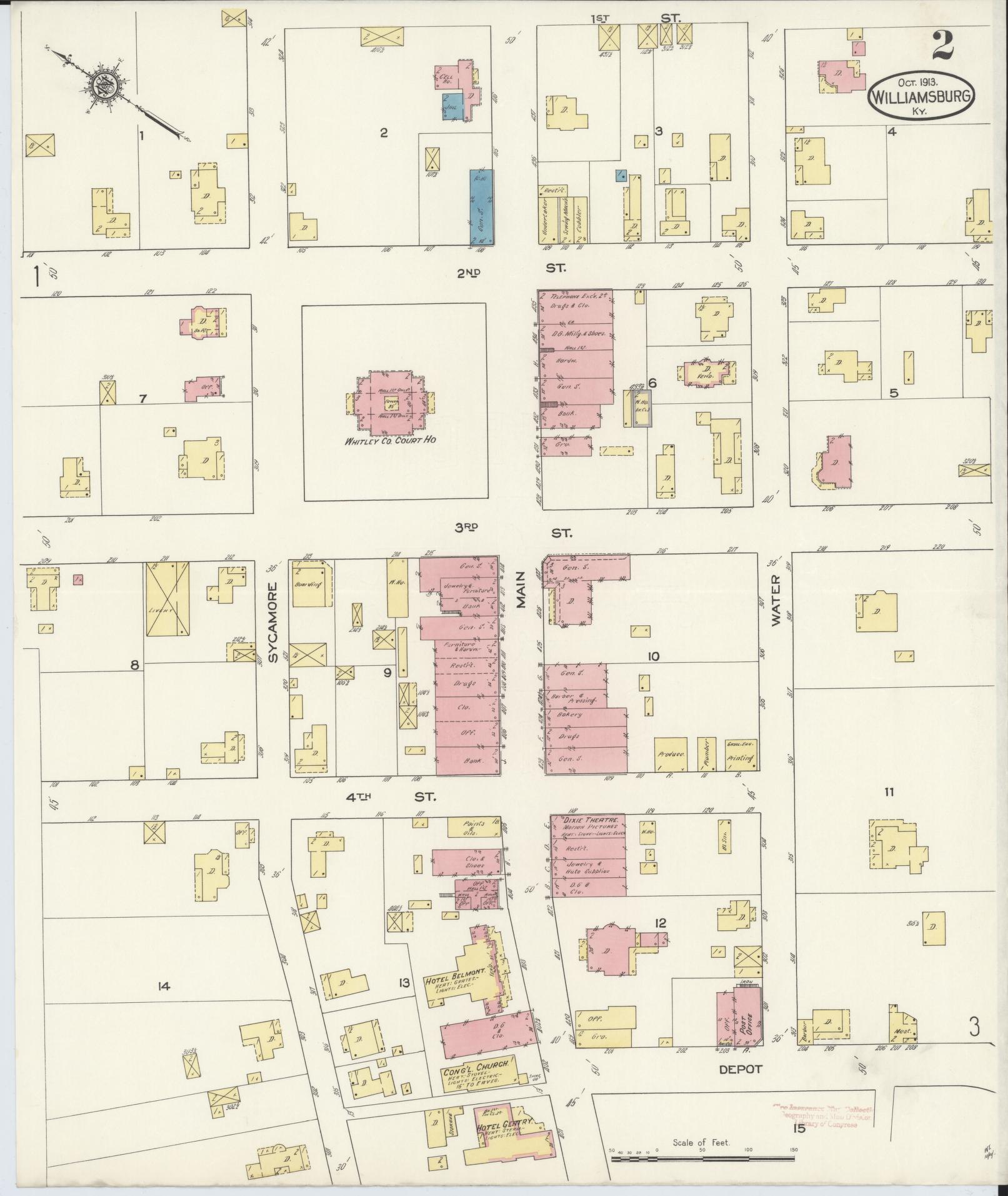 Sanborn Fire Insurance Map from Williamsburg, Whitley County, Kentucky (1913), Sheet #0002 - Historic Sanborn Fire Insurance Map Print, vintage old map wall art, antique decor, genealogy gift, Kentucky Kentucky map