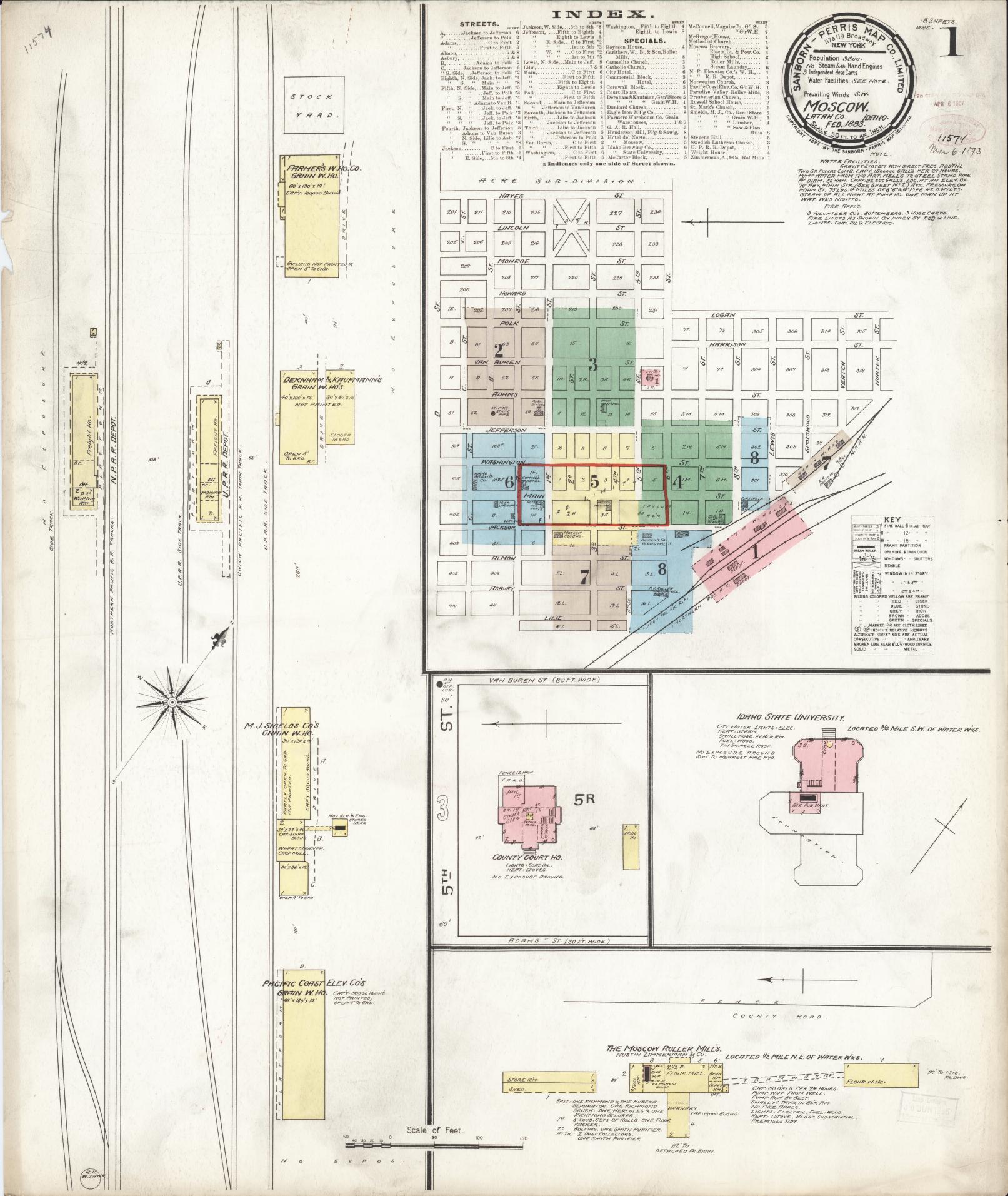 Sanborn Fire Insurance Map from Moscow, Latah County, Idaho (1893), Sheet #0001 - Historic Sanborn Fire Insurance Map Print, vintage old map wall art, antique decor, genealogy gift, Idaho Idaho map