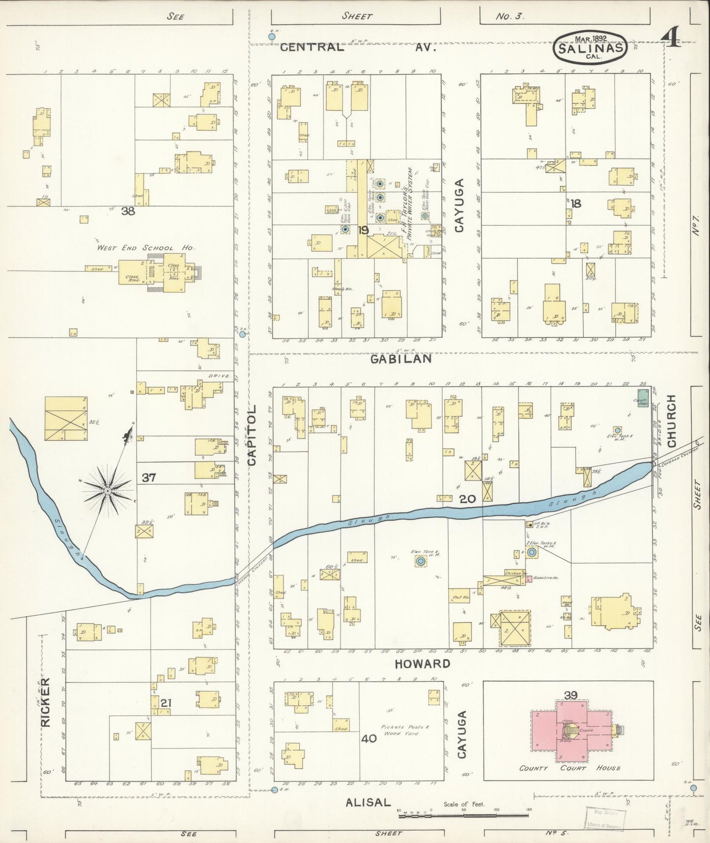 Sanborn Fire Insurance Map from Salinas, Monterey County, California (1892), Sheet #0004 - Complete Map Set gallery image, historic Sanborn map, vintage wall art, California California