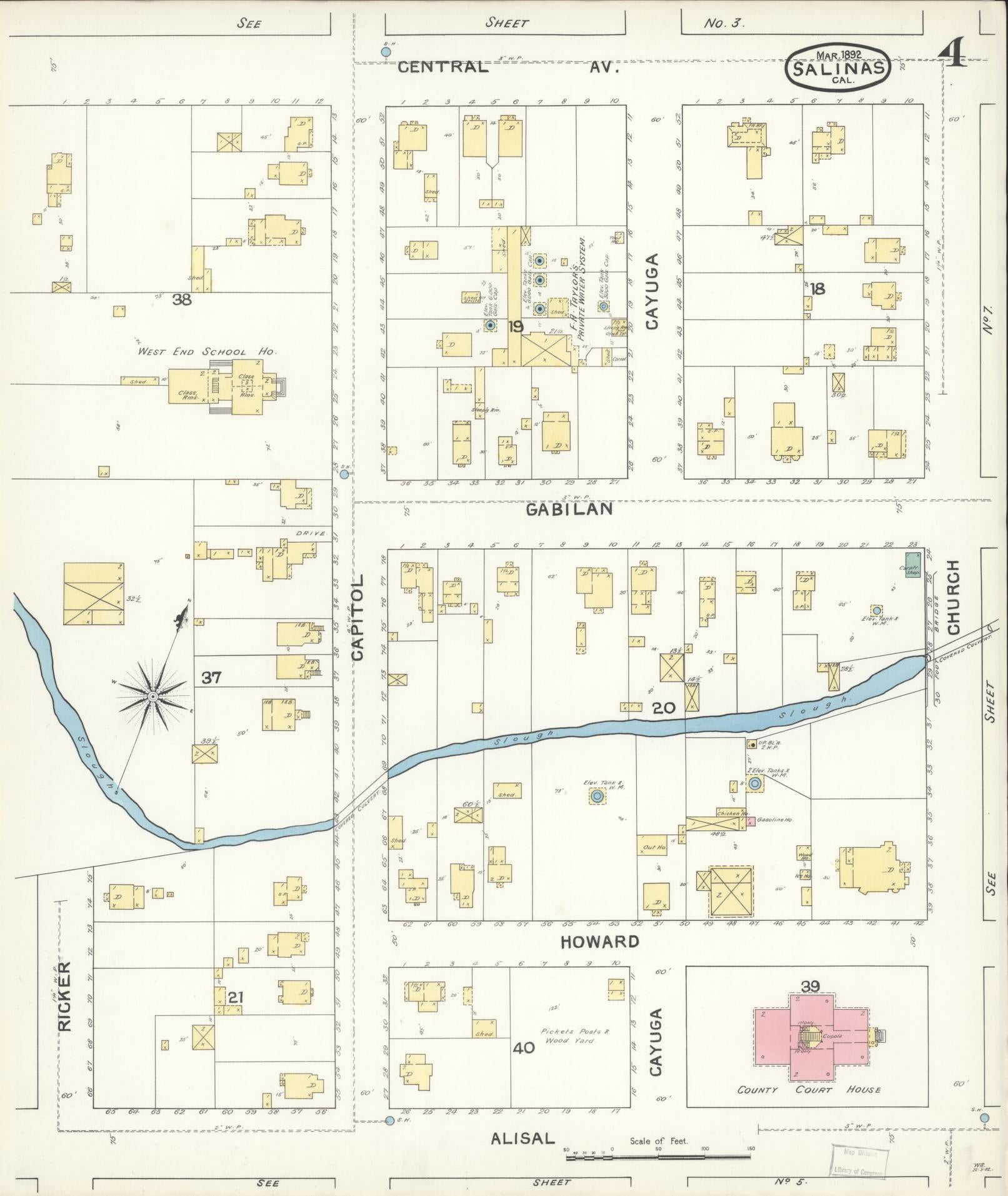 Sanborn Fire Insurance Map from Salinas, Monterey County, California (1892), Sheet #0004 - Complete Map Set gallery image, historic Sanborn map, vintage wall art, California California
