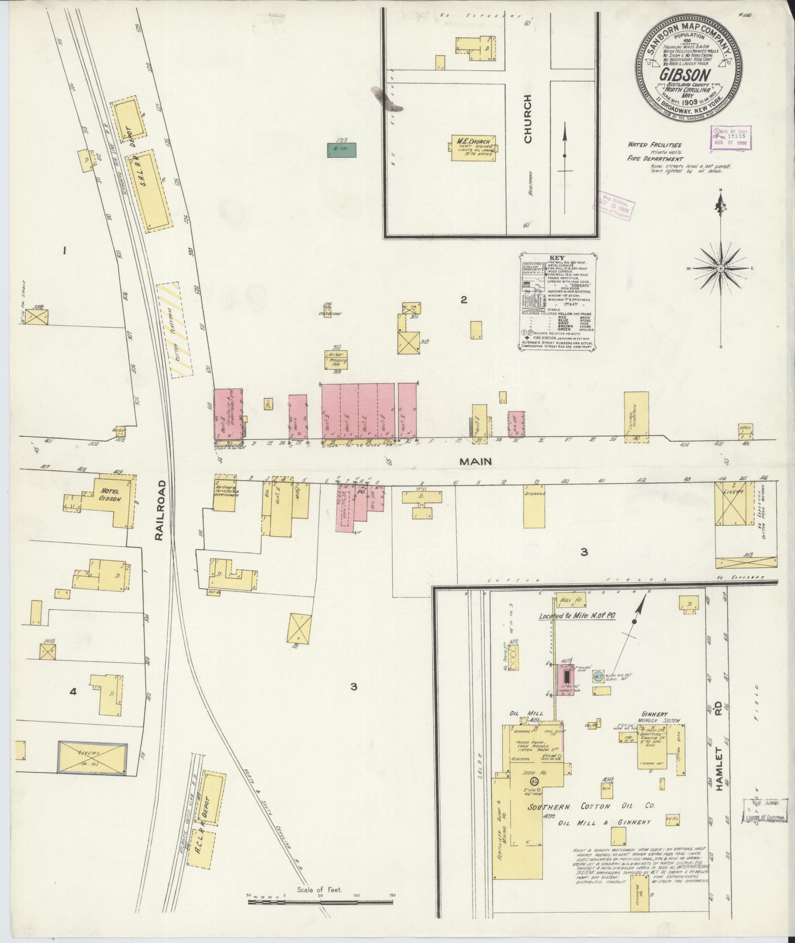 Sanborn Fire Insurance Map from Gibson, Scotland County, North Carolina (1909), Sheet #0001 - Historic Sanborn Fire Insurance Map Print, vintage old map wall art, antique decor, genealogy gift, North Carolina North Carolina map