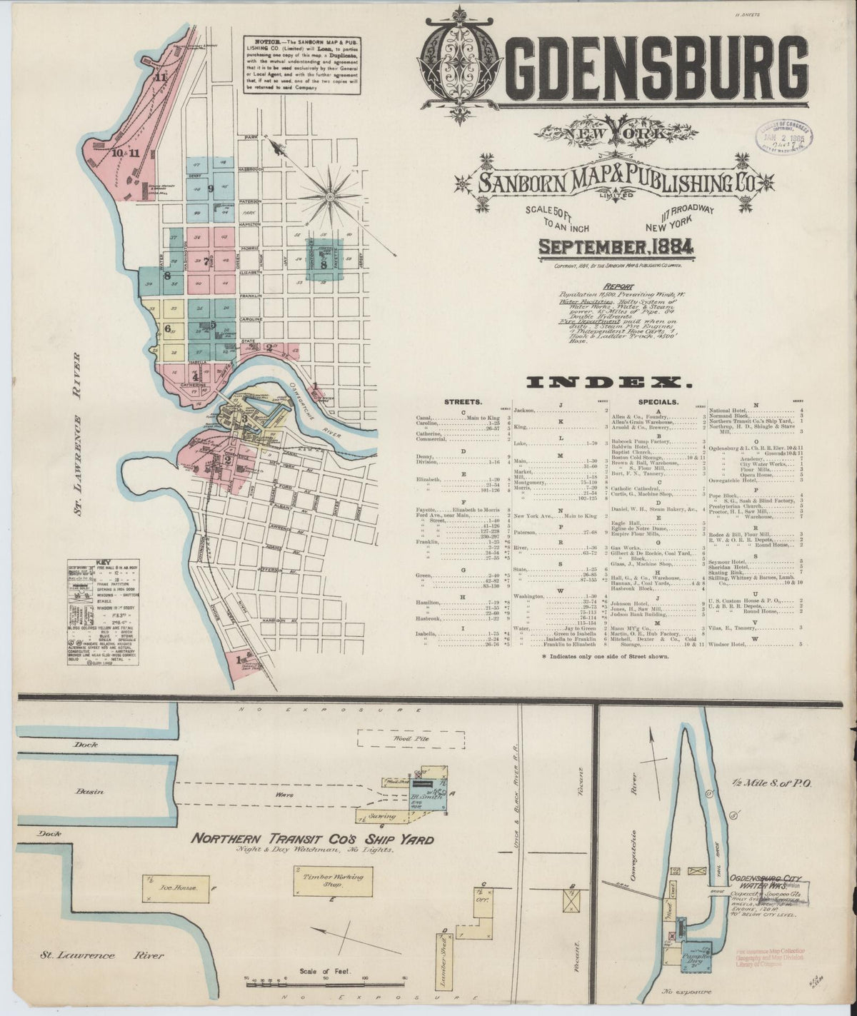 Sanborn Fire Insurance Map from Ogdensburg, St. Lawrence County, New York (1884), Sheet #0001 - Historic Sanborn Fire Insurance Map Print, vintage old map wall art, antique decor, genealogy gift, New York New York map