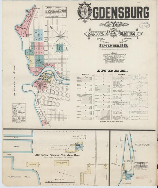 Sanborn Fire Insurance Map from Ogdensburg, St. Lawrence County, New York (1884), Sheet #0001 - Historic Sanborn Fire Insurance Map Print, vintage old map wall art, antique decor, genealogy gift, New York New York map