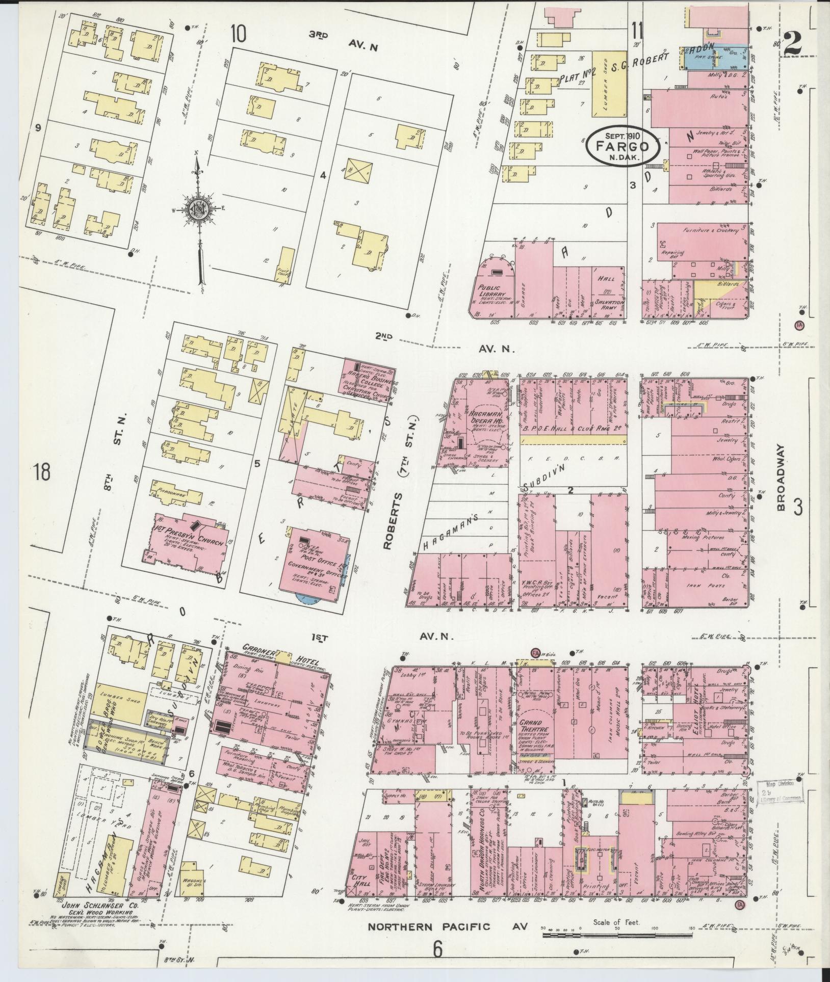 Sanborn Fire Insurance Map from Fargo, Cass County, North Dakota (1910), Sheet #0002 - Historic Sanborn Fire Insurance Map Print, vintage old map wall art, antique decor, genealogy gift, North Dakota North Dakota map