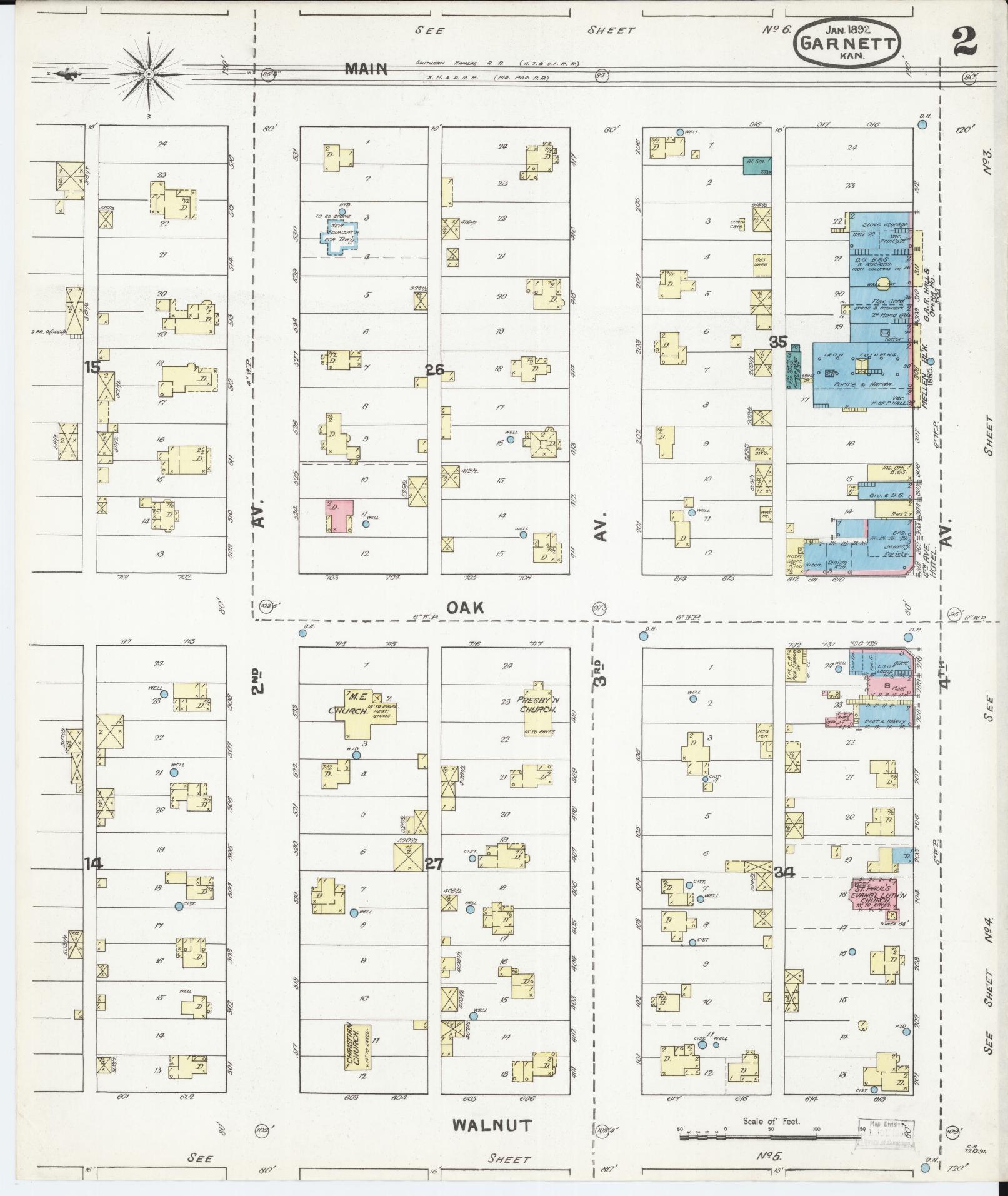 Sanborn Fire Insurance Map from Garnett, Anderson County, Kansas (1892), Sheet #0002 - Historic Sanborn Fire Insurance Map Print, vintage old map wall art, antique decor, genealogy gift, Kansas Kansas map