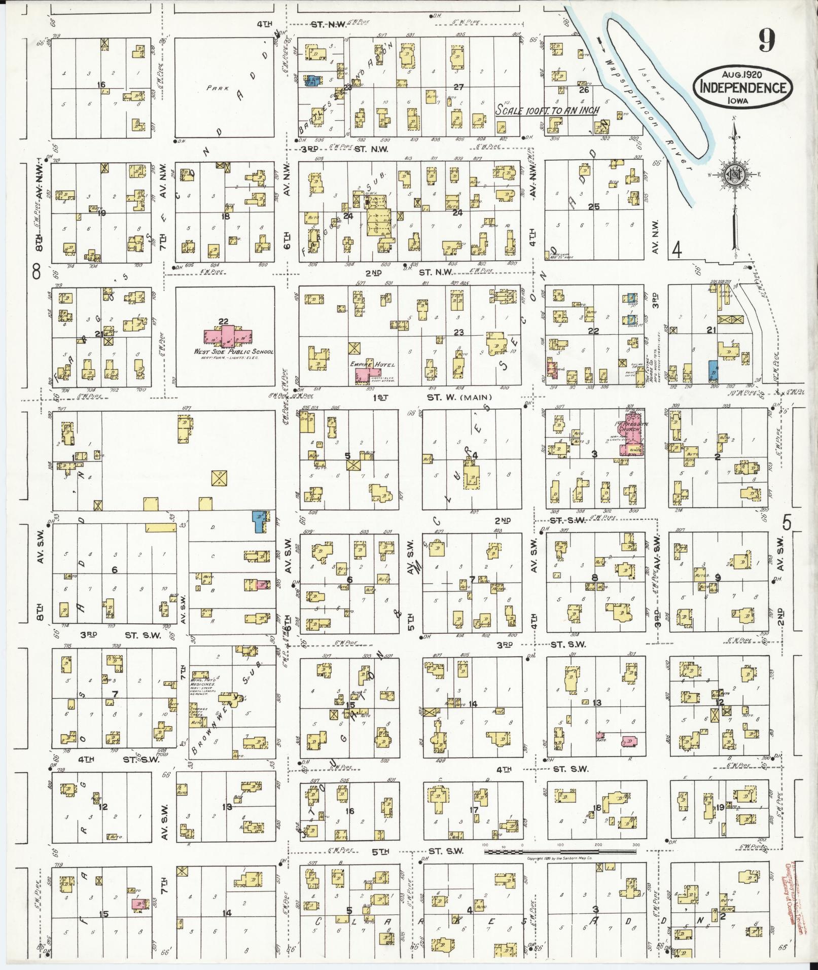 Sanborn Fire Insurance Map from Independence, Buchanan County, Iowa (1920), Sheet #0009 - Historic Sanborn Fire Insurance Map Print, vintage old map wall art