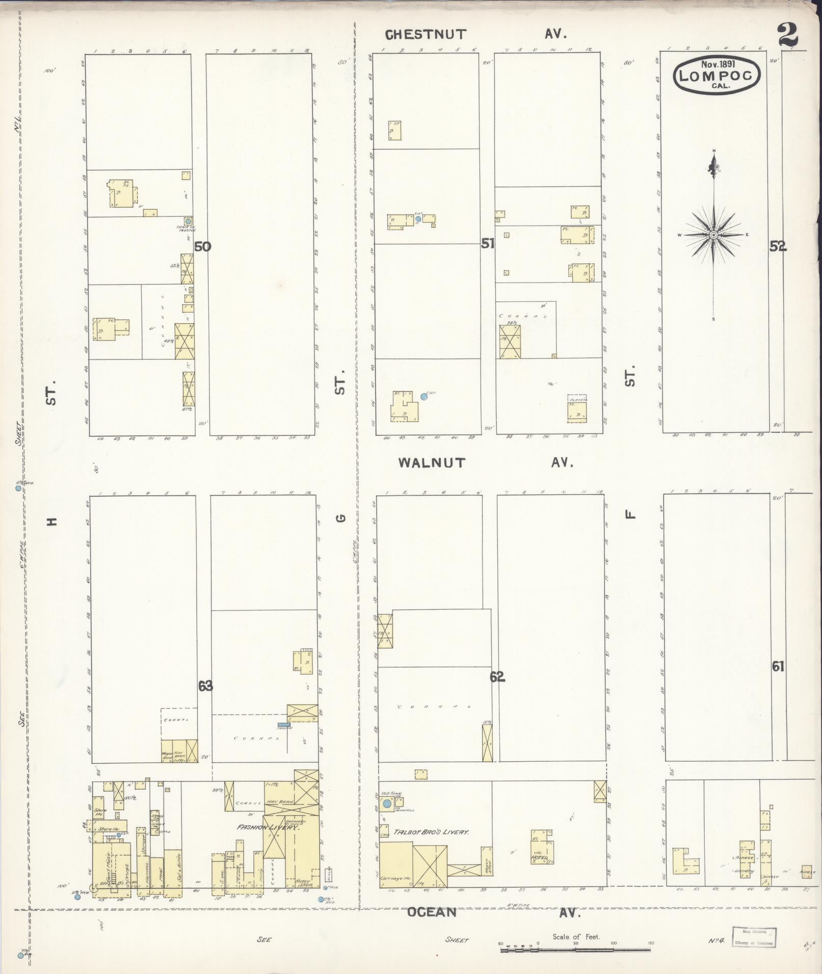 Sanborn Fire Insurance Map from Lompoc, Santa Barbara County, California (1891), Sheet #0002 - Historic Sanborn Fire Insurance Map Print, vintage old map wall art, antique decor, genealogy gift, California California map
