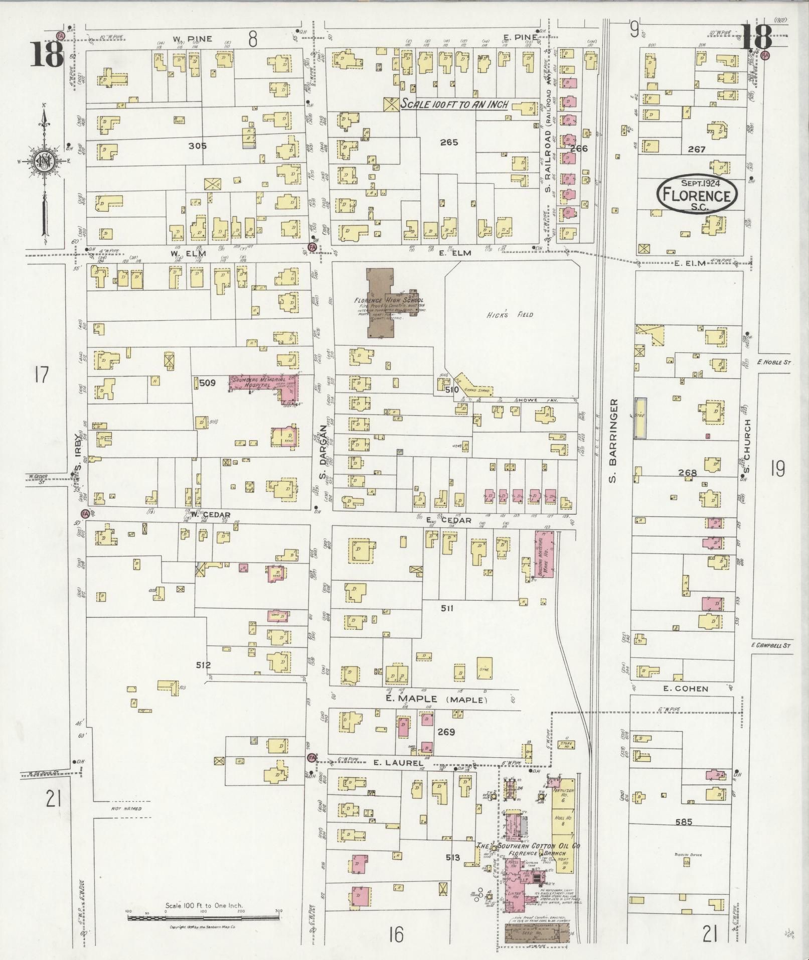 Sanborn Fire Insurance Map from Florence, Florence County, South Carolina (1924), Sheet #0018 - Historic Sanborn Fire Insurance Map Print, vintage old map wall art, antique decor, genealogy gift, South Carolina South Carolina map