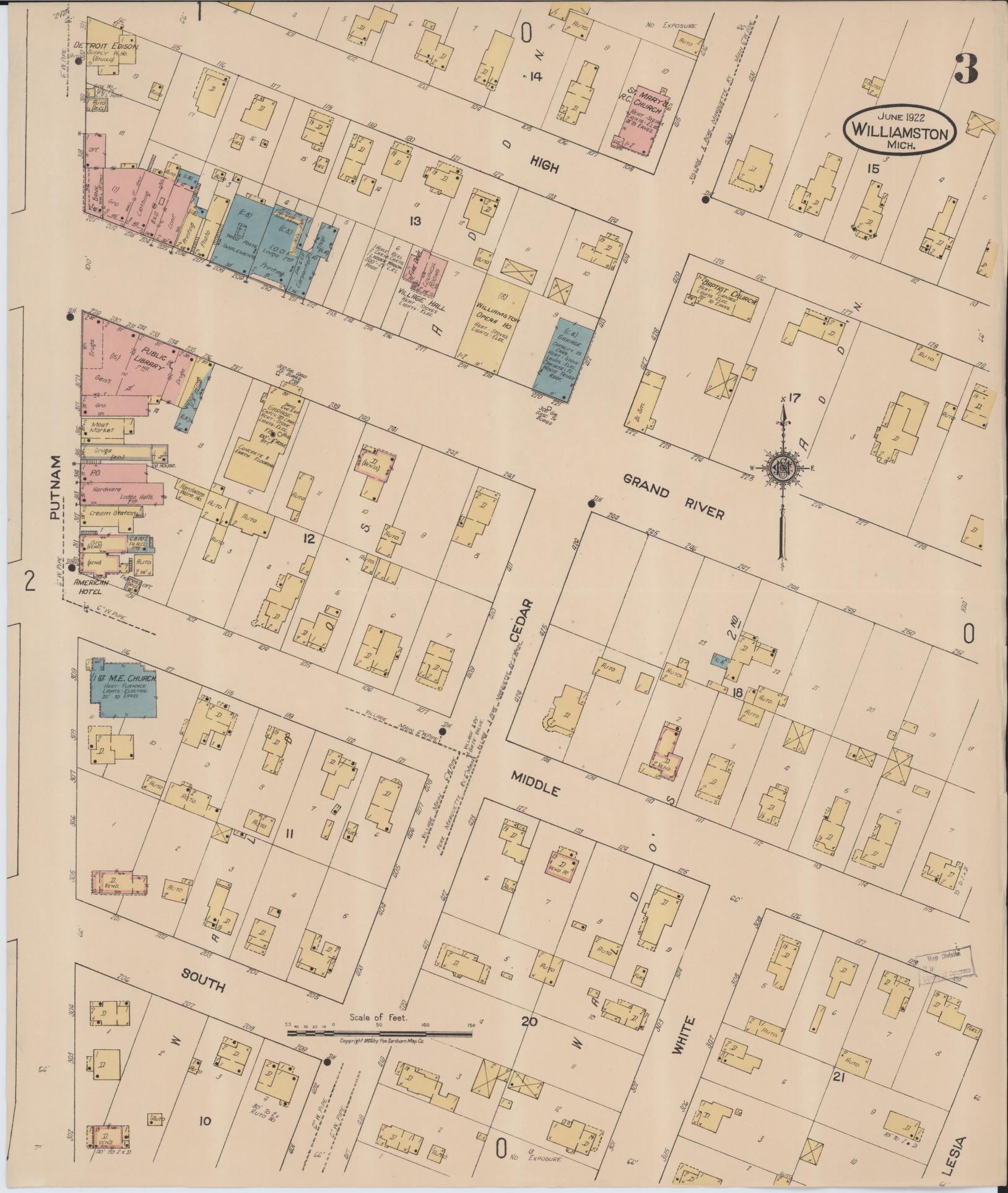 Sanborn Fire Insurance Map from Williamston, Ingham County, Michigan (1922), Sheet #0003 - Complete Map Set gallery image, historic Sanborn map, vintage wall art, Michigan Michigan