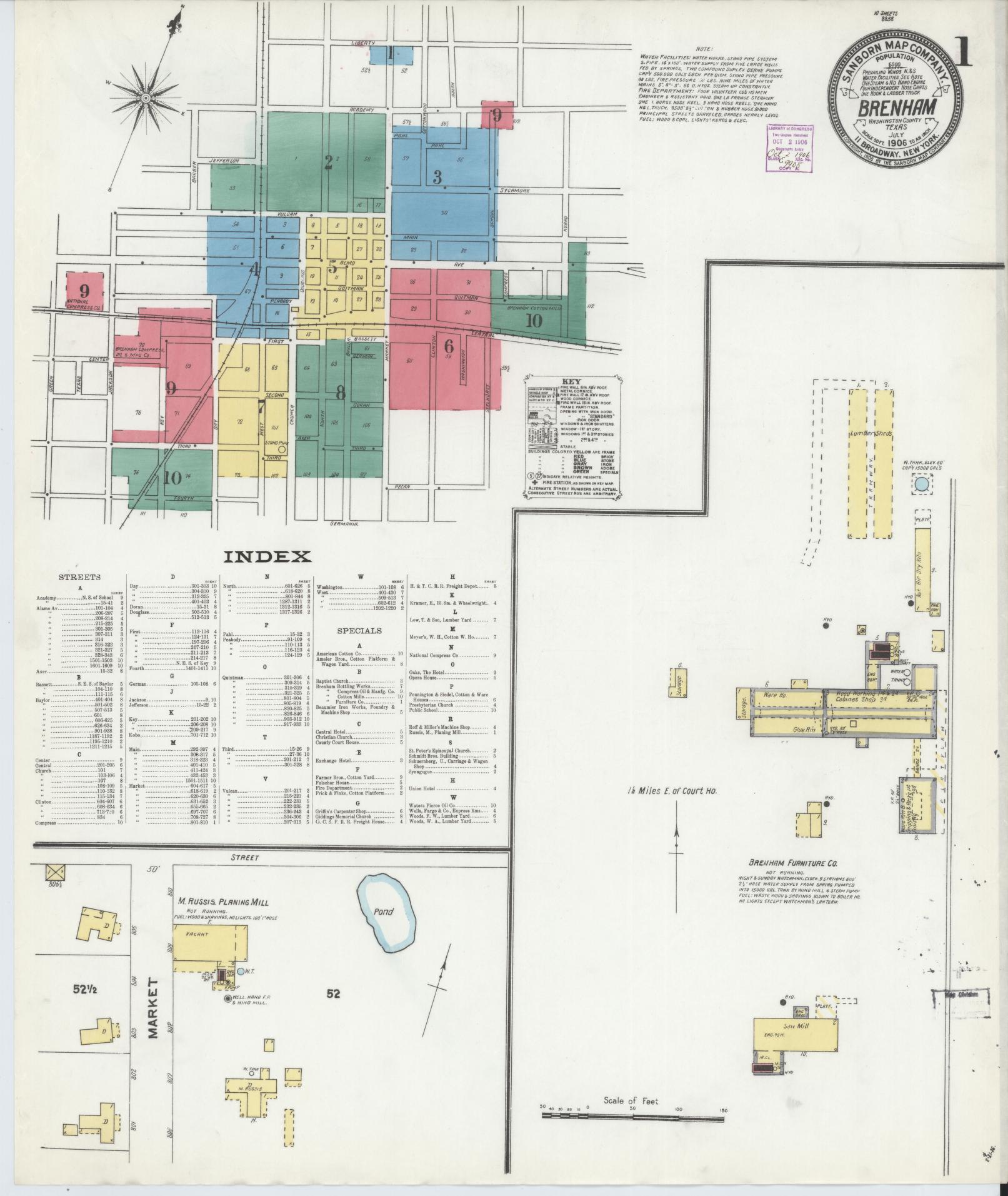 Sanborn Fire Insurance Map from Brenham, Washington County, Texas (1906), Sheet #0001 - Historic Sanborn Fire Insurance Map Print, vintage old map wall art, antique decor, genealogy gift, Texas Texas map