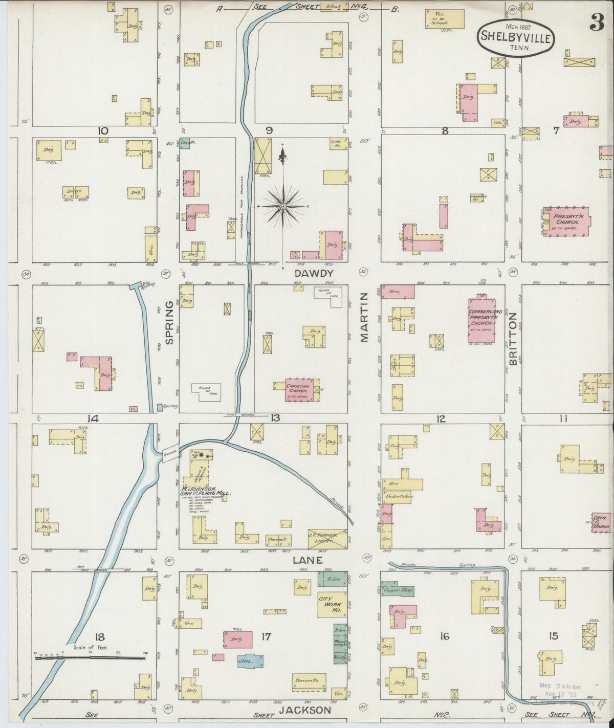 Sanborn Fire Insurance Map from Shelbyville, Bedford County, Tennessee (1887), Sheet #0003 - Complete Map Set gallery image, historic Sanborn map, vintage wall art, Tennessee Tennessee