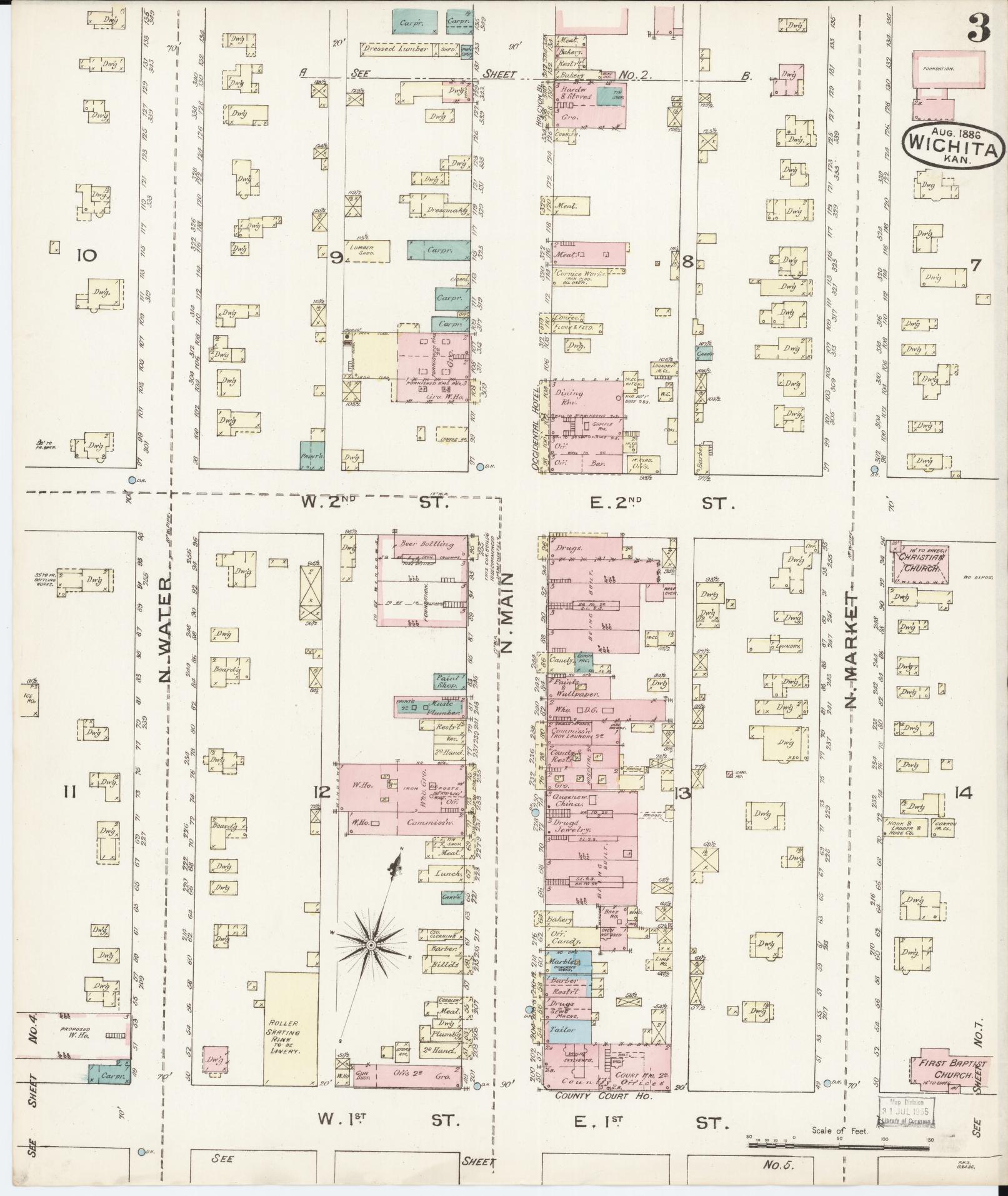Sanborn Fire Insurance Map from Wichita, Sedgwick County, Kansas (1886), Sheet #0003 - Complete Map Set gallery image, historic Sanborn map, vintage wall art, Kansas Kansas