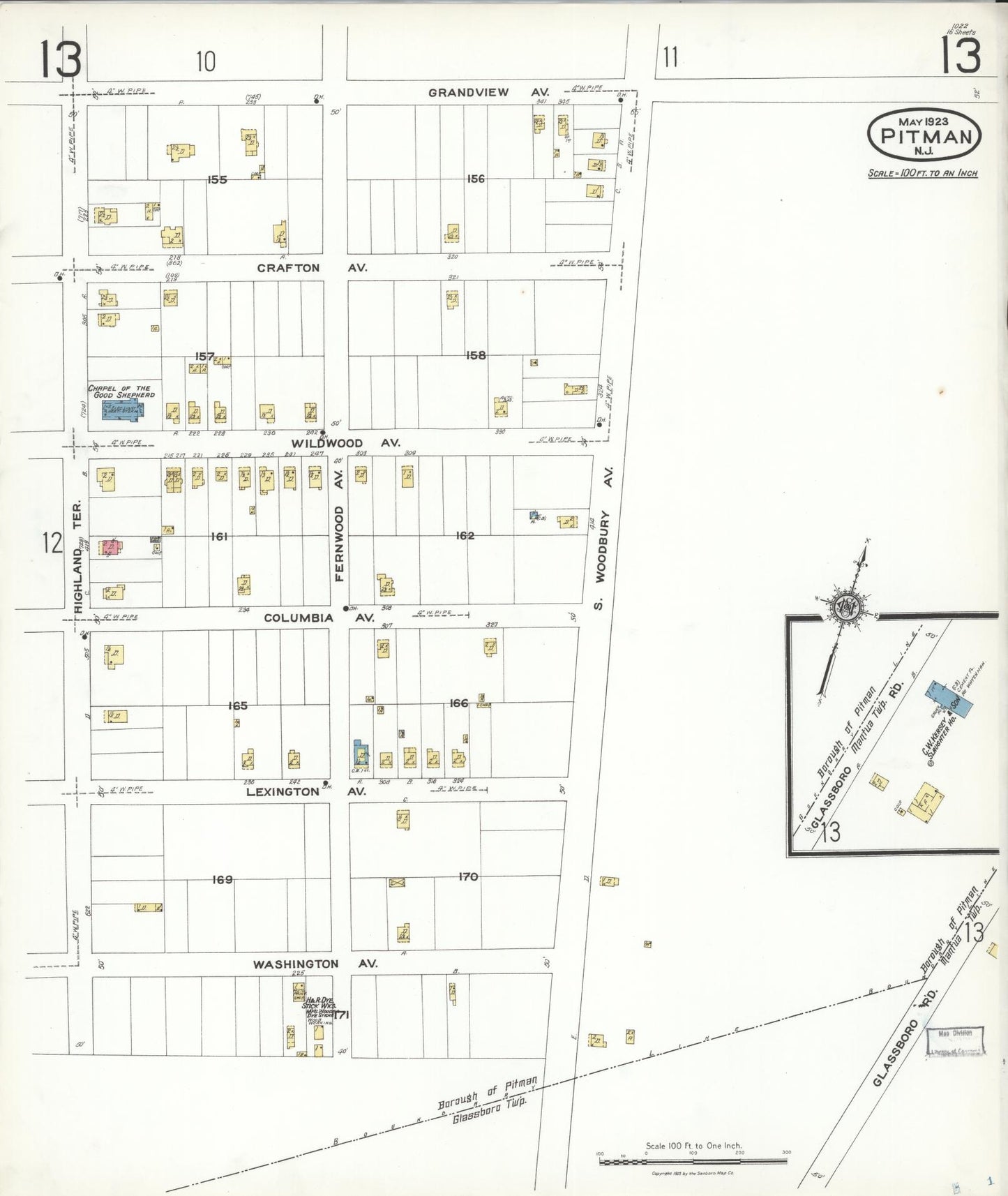 Sanborn Fire Insurance Map from Pitman, Gloucester County, New Jersey (1923), Sheet #0013 - Historic Sanborn Fire Insurance Map Print, vintage old map wall art, antique decor, genealogy gift, New Jersey New Jersey map
