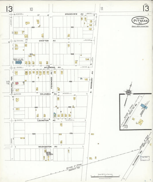 Sanborn Fire Insurance Map from Pitman, Gloucester County, New Jersey (1923), Sheet #0013 - Historic Sanborn Fire Insurance Map Print, vintage old map wall art, antique decor, genealogy gift, New Jersey New Jersey map