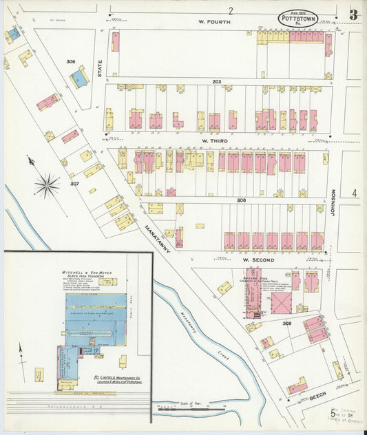 Sanborn Fire Insurance Map from Pottstown, Montgomery County, Pennsylvania (1909), Sheet #0003 - Historic Sanborn Fire Insurance Map Print, vintage old map wall art, antique decor, genealogy gift, Pennsylvania Pennsylvania map