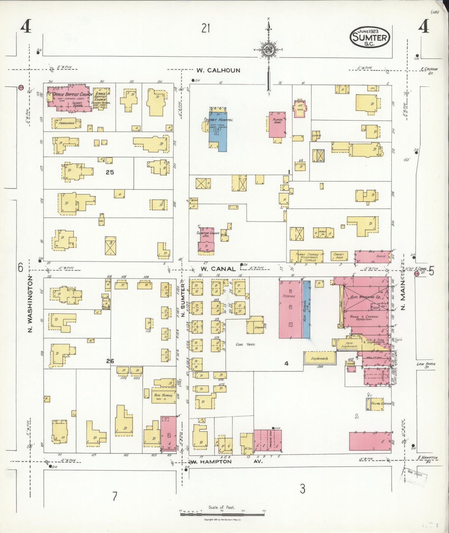 Sanborn Fire Insurance Map from Sumter, Sumter County, South Carolina (1923), Sheet #0004 - Historic Sanborn Fire Insurance Map Print, vintage old map wall art, antique decor, genealogy gift, South Carolina South Carolina map
