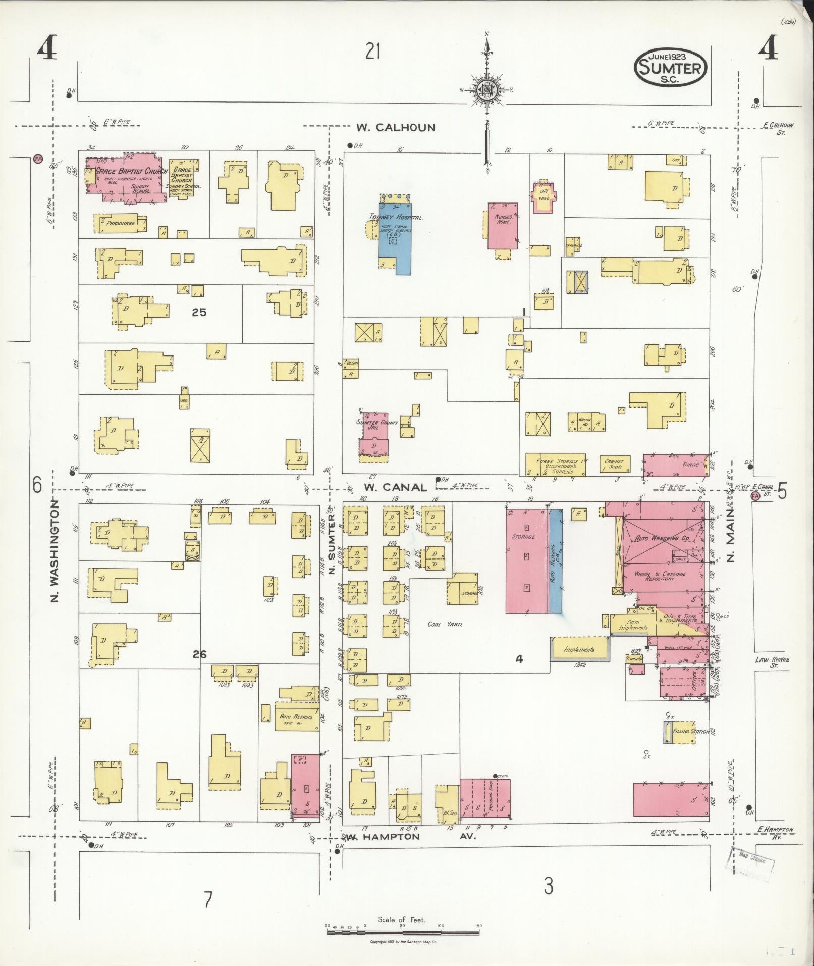 Sanborn Fire Insurance Map from Sumter, Sumter County, South Carolina (1923), Sheet #0004 - Historic Sanborn Fire Insurance Map Print, vintage old map wall art, antique decor, genealogy gift, South Carolina South Carolina map