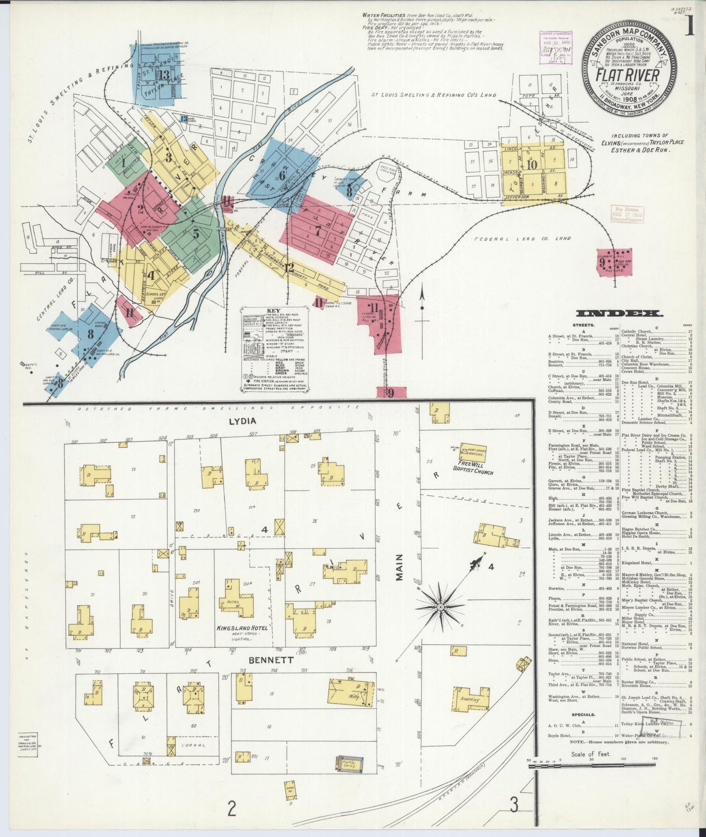 Sanborn Fire Insurance Map from Flat River, Saint Francois County, Missouri (1908), Sheet #0001 - Historic Sanborn Fire Insurance Map Print, vintage old map wall art, antique decor, genealogy gift, Missouri Missouri map