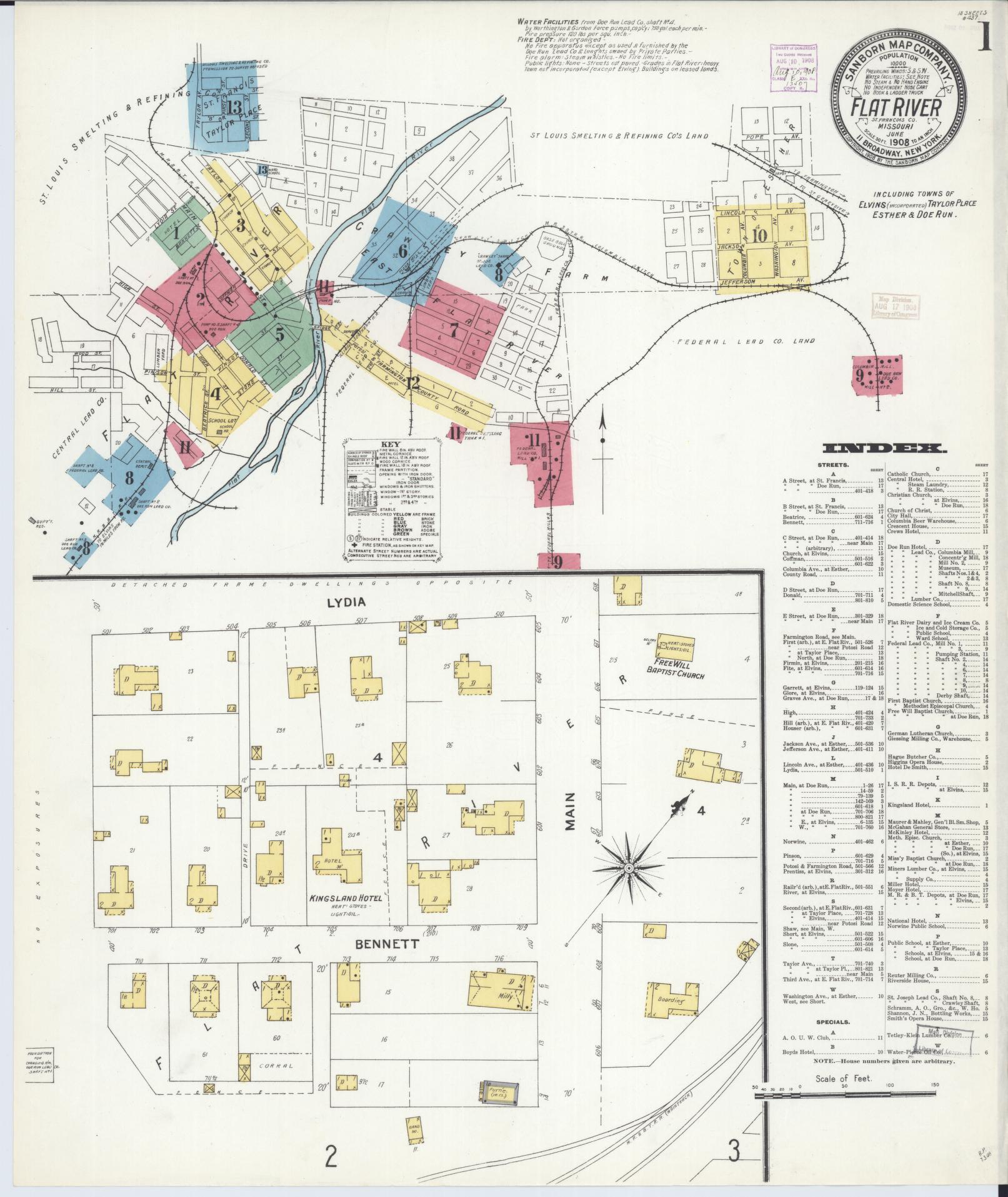 Sanborn Fire Insurance Map from Flat River, Saint Francois County, Missouri (1908), Sheet #0001 - Historic Sanborn Fire Insurance Map Print, vintage old map wall art, antique decor, genealogy gift, Missouri Missouri map