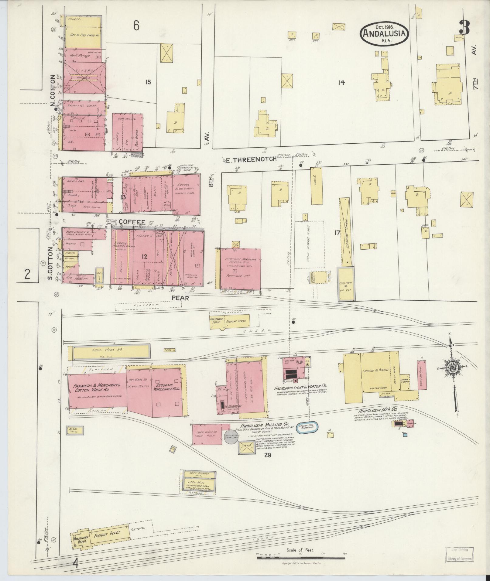 Sanborn Fire Insurance Map from Andalusia, Covington County, Alabama (1916), Sheet #0003 - Complete Map Set gallery image, historic Sanborn map, vintage wall art, Alabama Alabama