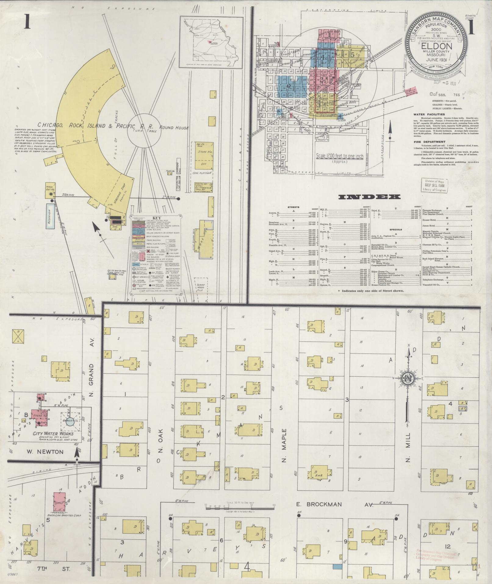 Sanborn Fire Insurance Map from Eldon, Miller County, Missouri (1931), Sheet #0001 - Complete Map Set gallery image, historic Sanborn map, vintage wall art, Missouri Missouri