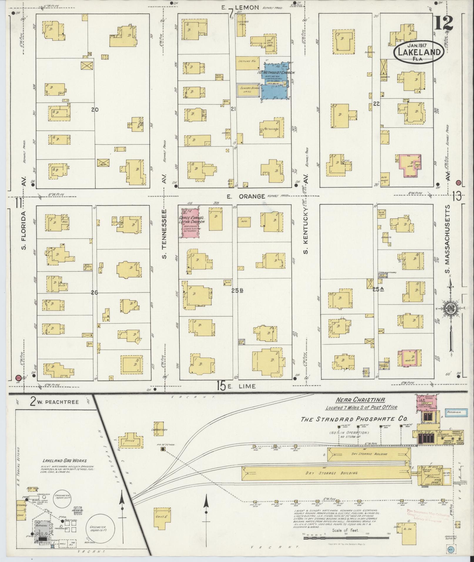 Sanborn Fire Insurance Map from Lakeland, Polk County, Florida (1917), Sheet #0012 - Complete Map Set gallery image, historic Sanborn map, vintage wall art, Florida Florida