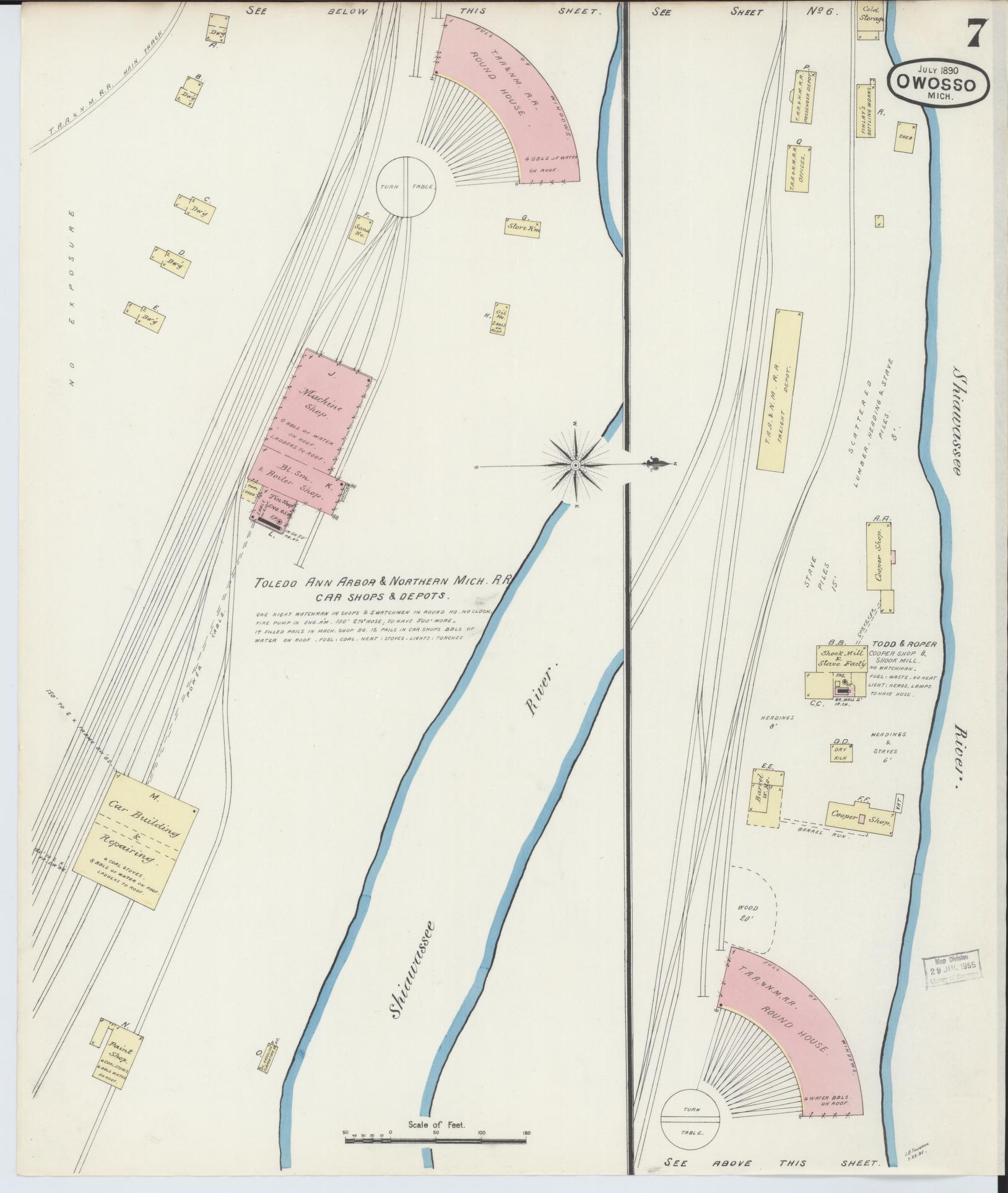 Sanborn Fire Insurance Map from Owosso, Shiawassee County, Michigan (1890), Sheet #0007 - Historic Sanborn Fire Insurance Map Print, vintage old map wall art, antique decor, genealogy gift, Michigan Michigan map