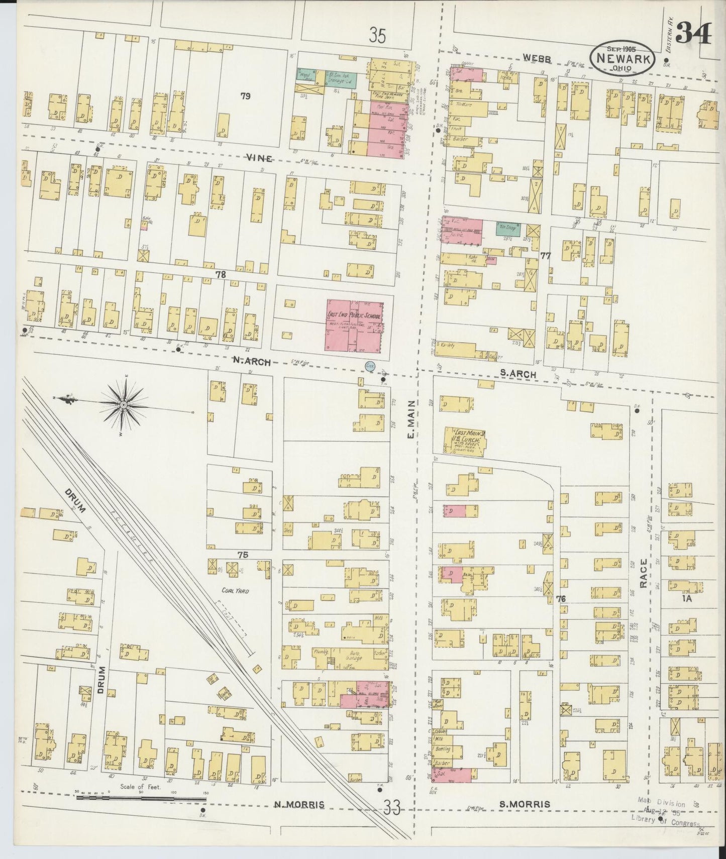 Sanborn Fire Insurance Map from Newark, Licking County, Ohio (1905), Sheet #0034 - Complete Map Set gallery image, historic Sanborn map, vintage wall art, Ohio Ohio