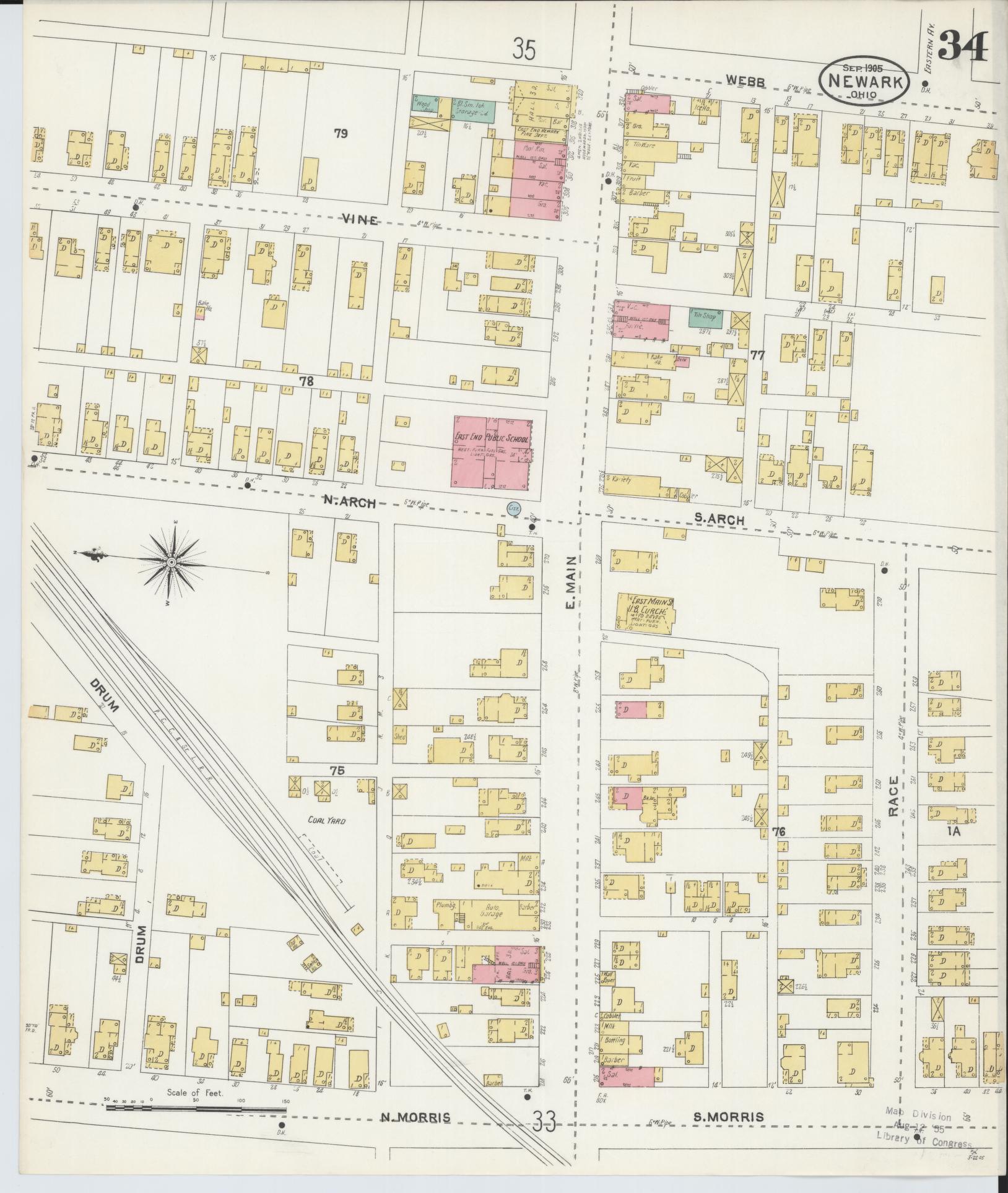 Sanborn Fire Insurance Map from Newark, Licking County, Ohio (1905), Sheet #0034 - Complete Map Set gallery image, historic Sanborn map, vintage wall art, Ohio Ohio