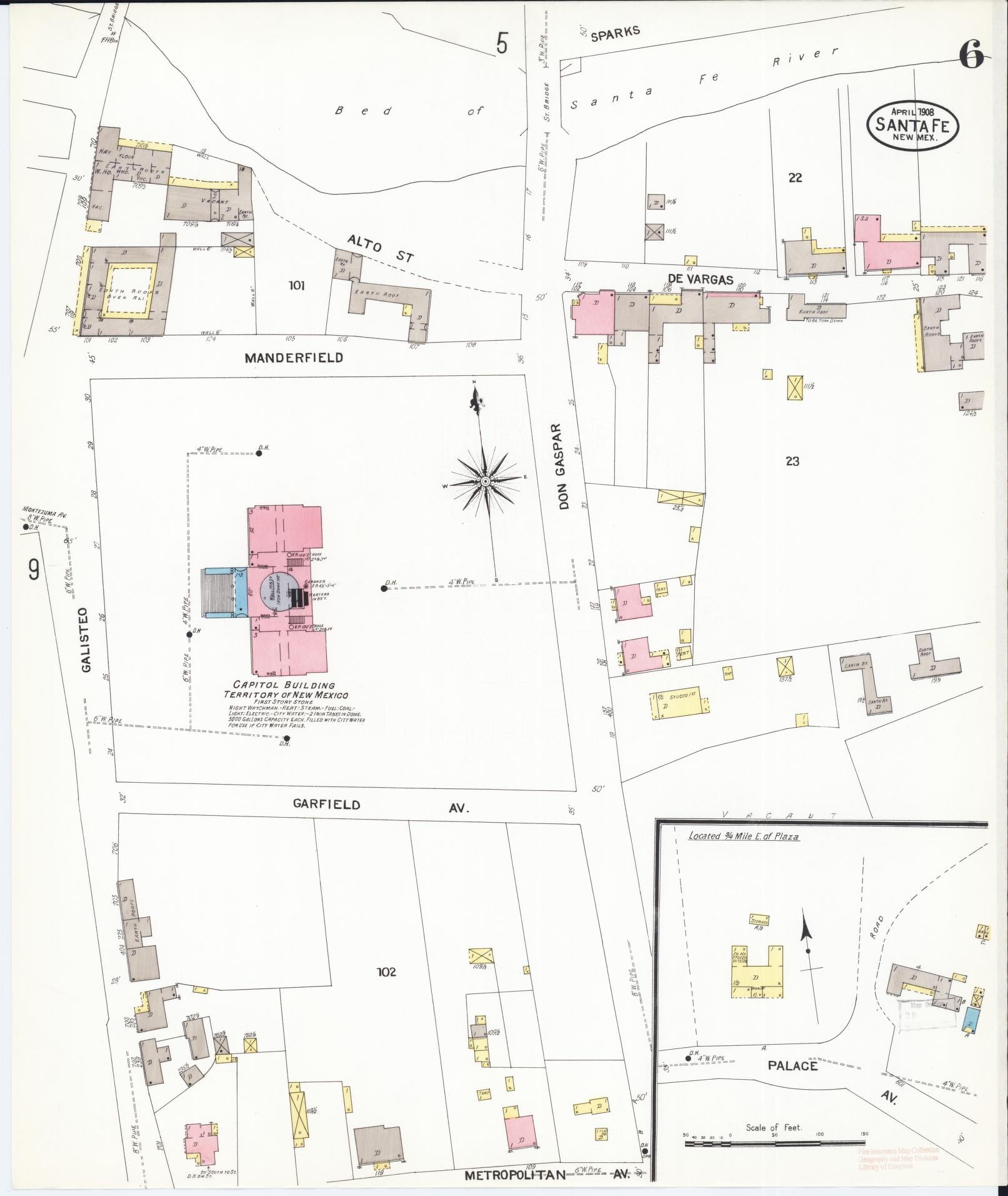 Sanborn Fire Insurance Map from Santa Fe, Santa Fe County, New Mexico (1908), Sheet #0006 - Historic Sanborn Fire Insurance Map Print, vintage old map wall art, antique decor, genealogy gift, New Mexico New Mexico map