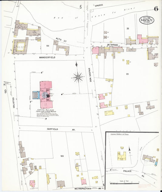 Sanborn Fire Insurance Map from Santa Fe, Santa Fe County, New Mexico (1908), Sheet #0006 - Historic Sanborn Fire Insurance Map Print, vintage old map wall art, antique decor, genealogy gift, New Mexico New Mexico map