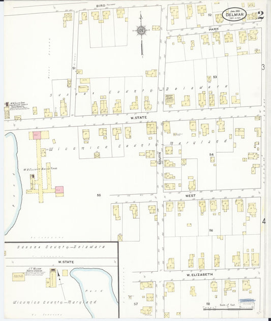 Sanborn Fire Insurance Map from Delmar, Sussex County, Del., And Wicomico County, MD, Delaware (1911), Sheet #0002 - Historic Sanborn Fire Insurance Map Print, vintage old map wall art, antique decor, genealogy gift, Delaware Delaware map