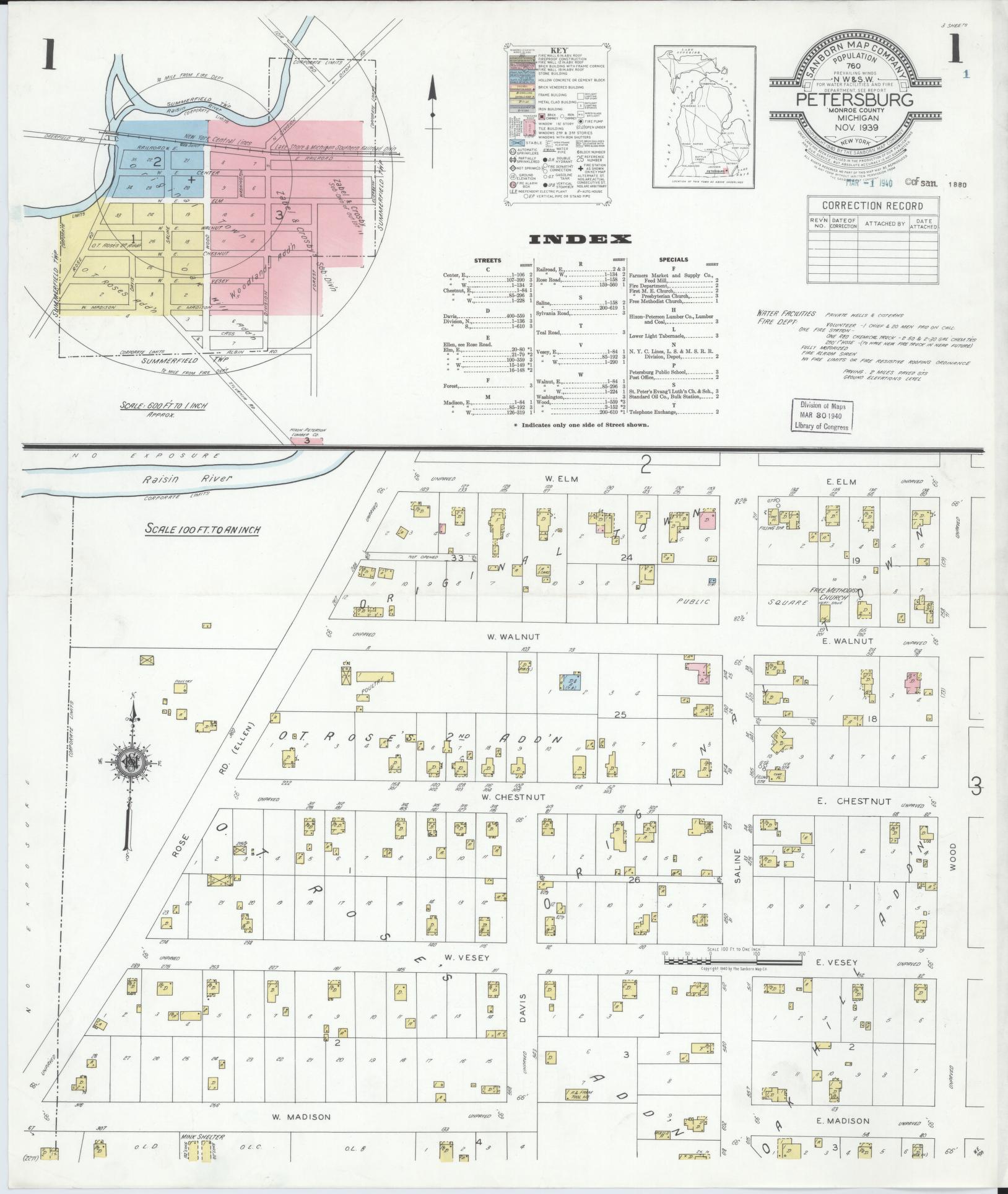 Sanborn Fire Insurance Map from Petersburg, Monroe County, Michigan (1939), Sheet #0001 - Historic Sanborn Fire Insurance Map Print, vintage old map wall art, antique decor, genealogy gift, Michigan Michigan map