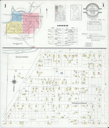 Sanborn Fire Insurance Map from Petersburg, Monroe County, Michigan (1939), Sheet #0001 - Historic Sanborn Fire Insurance Map Print, vintage old map wall art, antique decor, genealogy gift, Michigan Michigan map