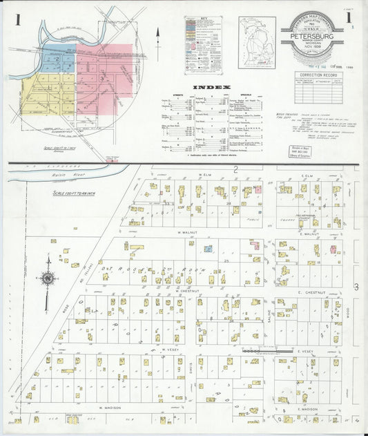 Sanborn Fire Insurance Map from Petersburg, Monroe County, Michigan (1939), Sheet #0001 - Historic Sanborn Fire Insurance Map Print, vintage old map wall art, antique decor, genealogy gift, Michigan Michigan map