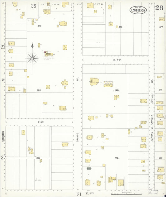 Sanborn Fire Insurance Map from Long Beach, Los Angeles County, California (1905), Sheet #0028 - Historic Sanborn Fire Insurance Map Print, vintage old map wall art, antique decor, genealogy gift, California California map