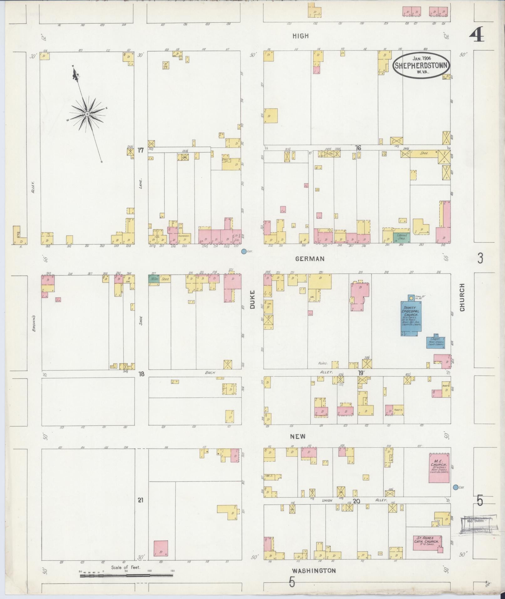 Sanborn Fire Insurance Map from Shepherdstown, Jefferson County, West Virginia (1904), Sheet #0004 - Complete Map Set gallery image, historic Sanborn map, vintage wall art, West Virginia West Virginia