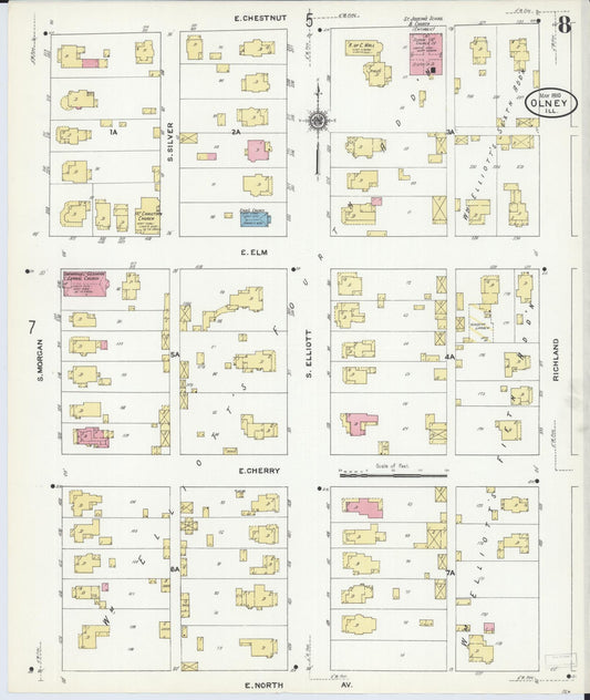 Sanborn Fire Insurance Map from Olney, Richland County, Illinois (1910), Sheet #0008 - Historic Sanborn Fire Insurance Map Print, vintage old map wall art, antique decor, genealogy gift, Illinois Illinois map