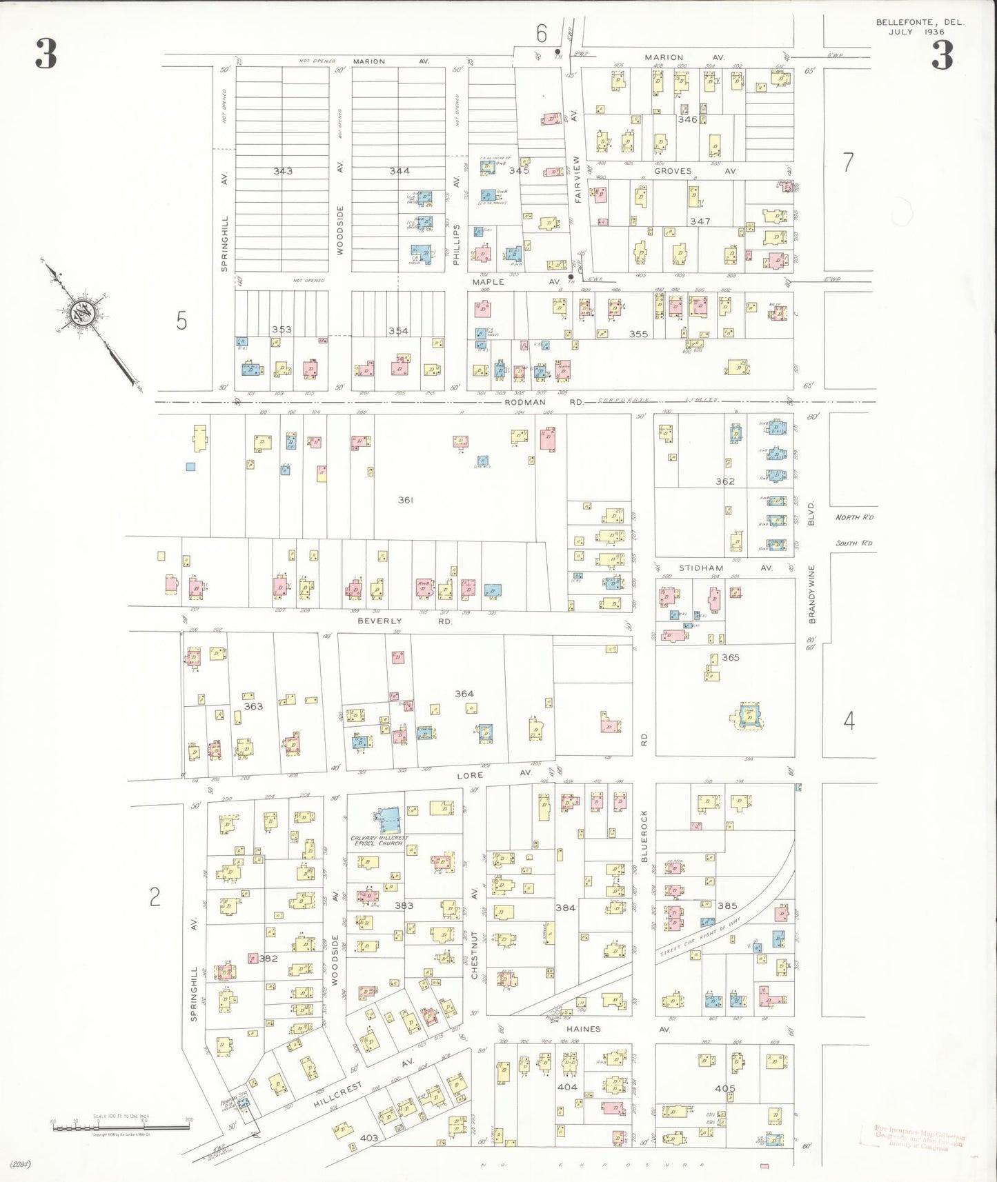 Sanborn Fire Insurance Map from Bellefonte, New Castle County, Delaware (1936), Sheet #0003 - Historic Sanborn Fire Insurance Map Print, vintage old map wall art, antique decor, genealogy gift, Delaware Delaware map