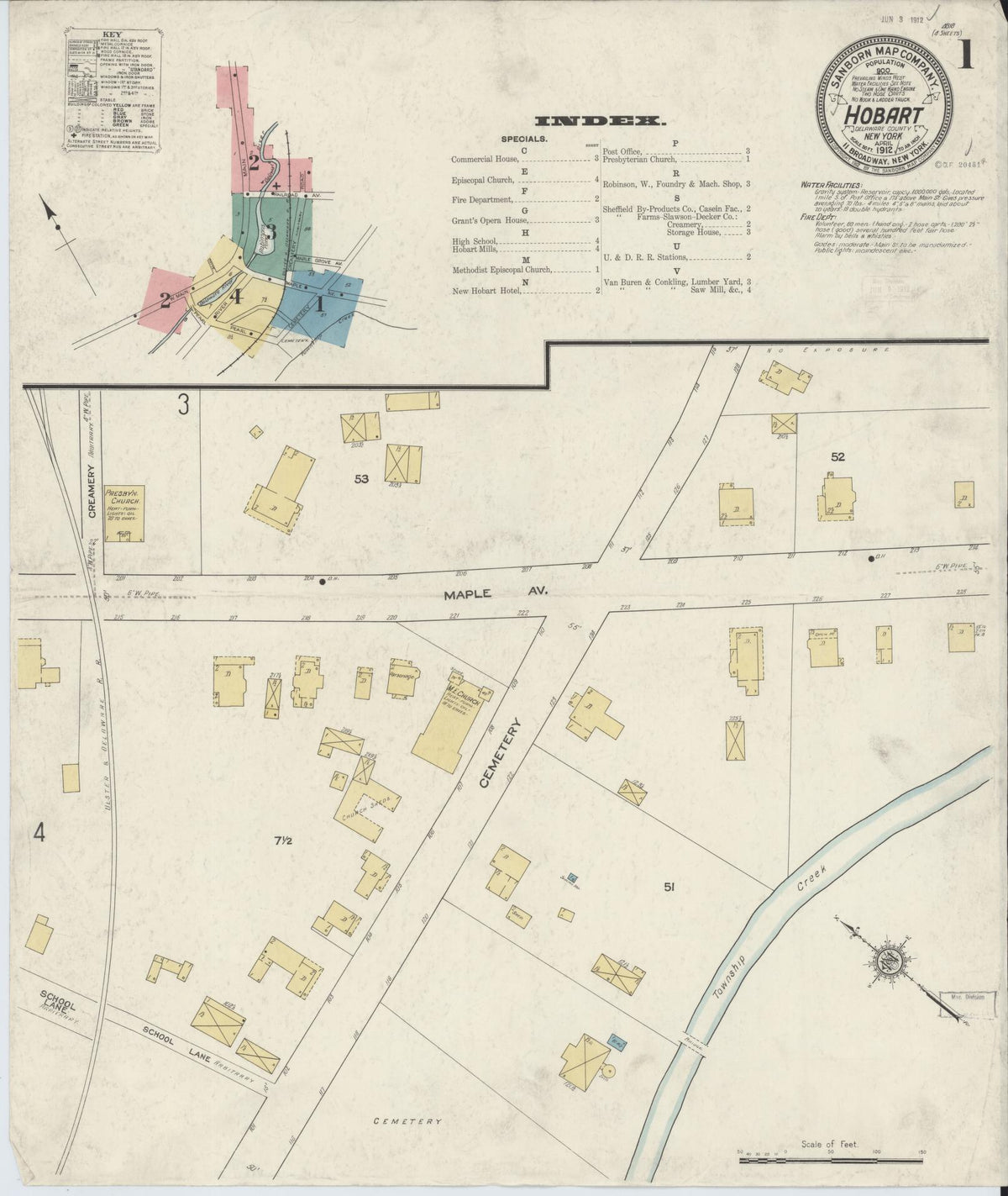 Sanborn Fire Insurance Map from Hobart, Delaware County, New York (1912), Sheet #0001 - Historic Sanborn Fire Insurance Map Print, vintage old map wall art, antique decor, genealogy gift, Hobart Delaware map