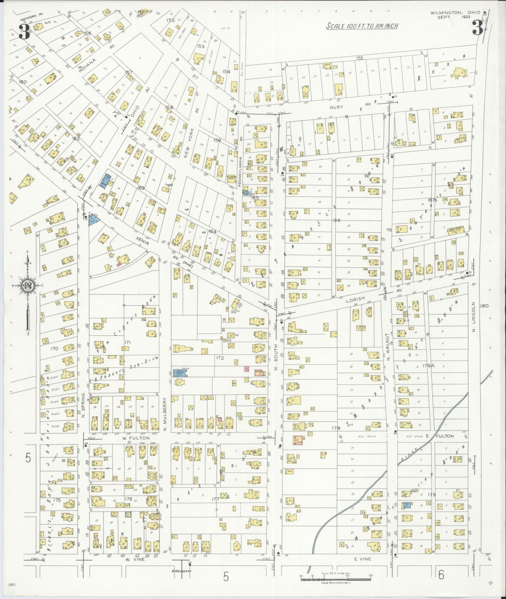 Sanborn Fire Insurance Map from Wilmington, Clinton County, Ohio (1933), Sheet #0003 - Complete Map Set gallery image, historic Sanborn map, vintage wall art, Ohio Ohio